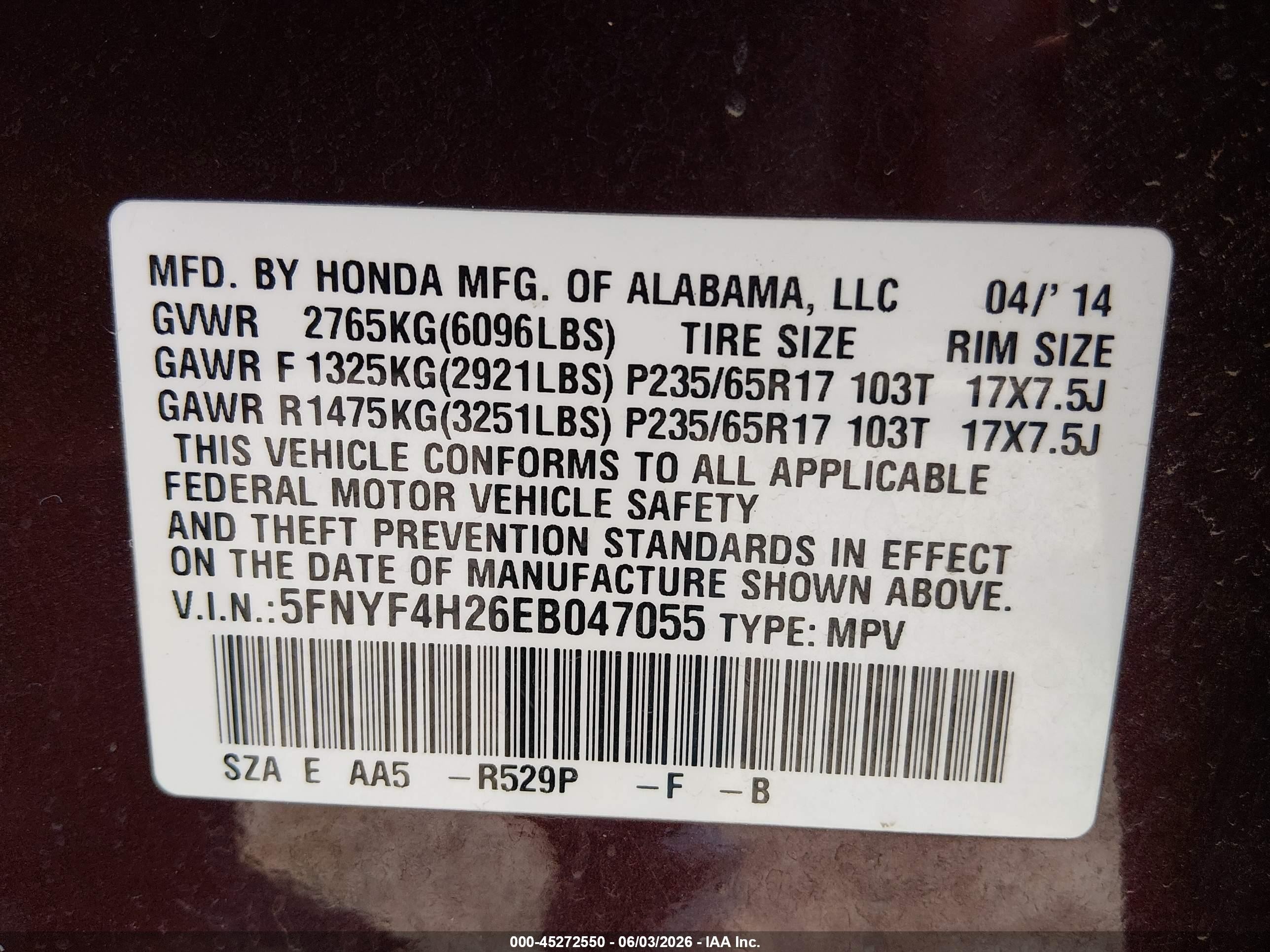 2014 Honda Pilot Lx Темно-бордовый vin: 5FNYF4H26EB047055