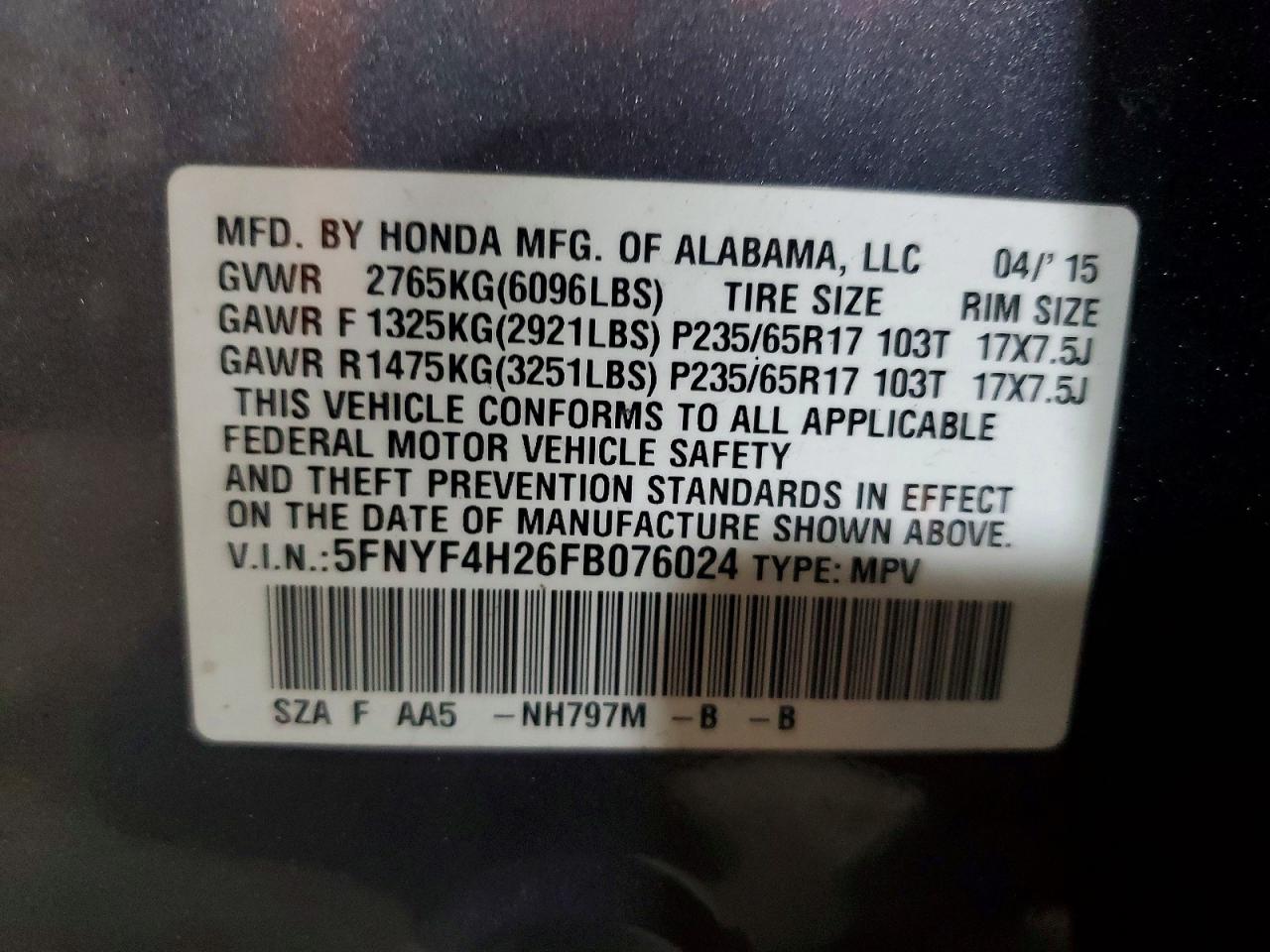 2015 Honda Pilot Lx Charcoal vin: 5FNYF4H26FB076024