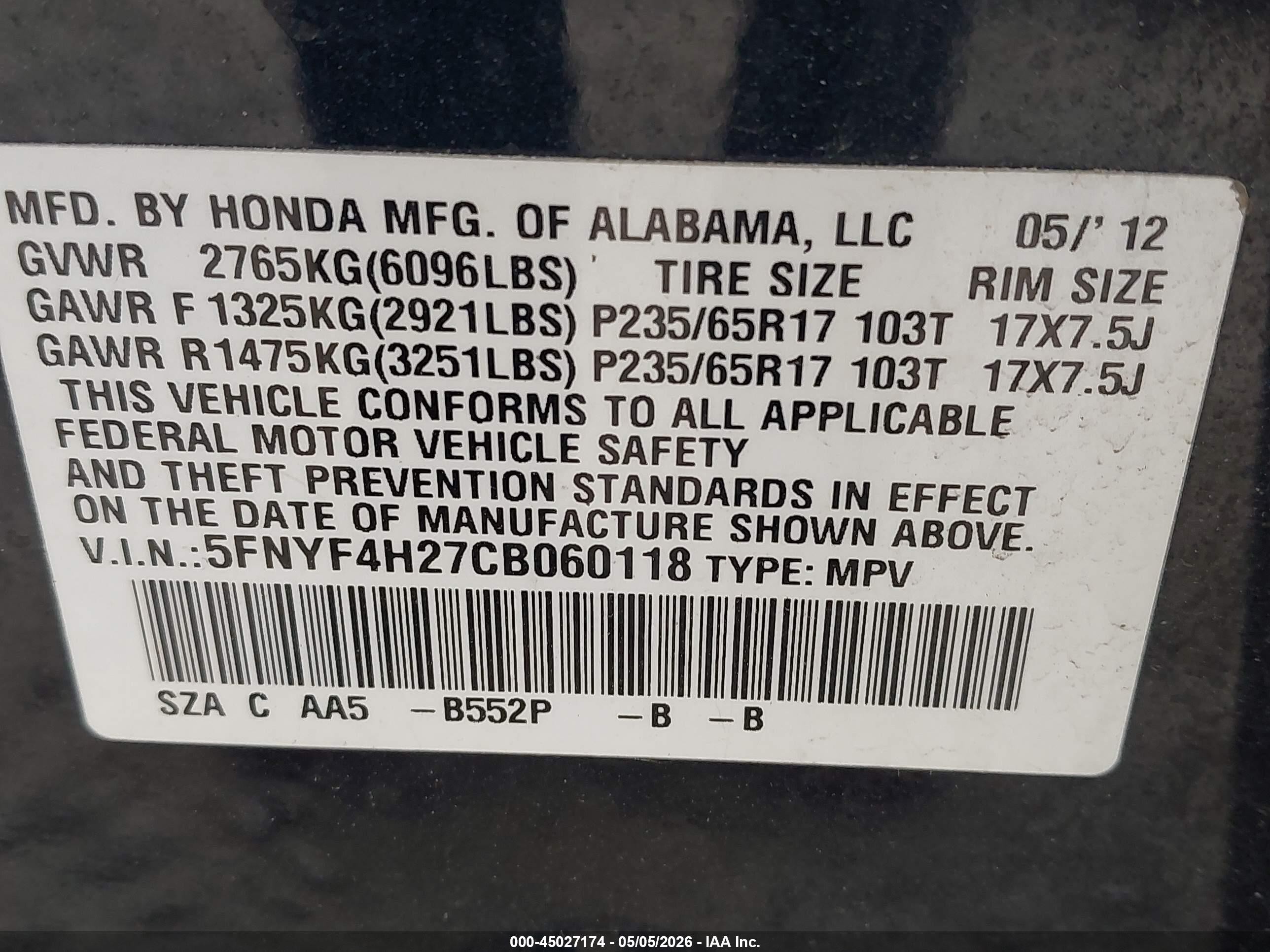 2012 Honda Pilot Lx Blue vin: 5FNYF4H27CB060118