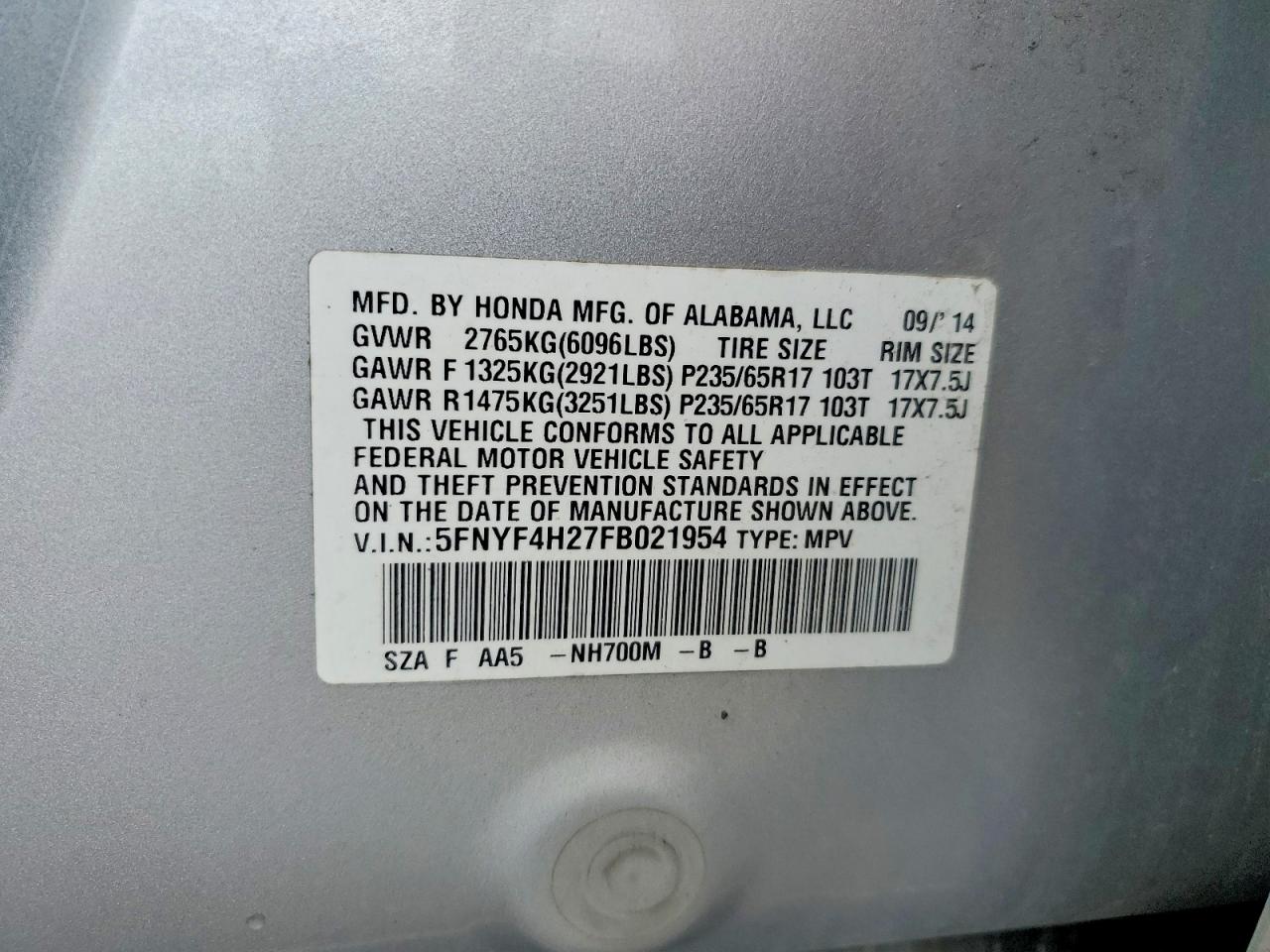 2015 Honda Pilot Lx Silver vin: 5FNYF4H27FB021954