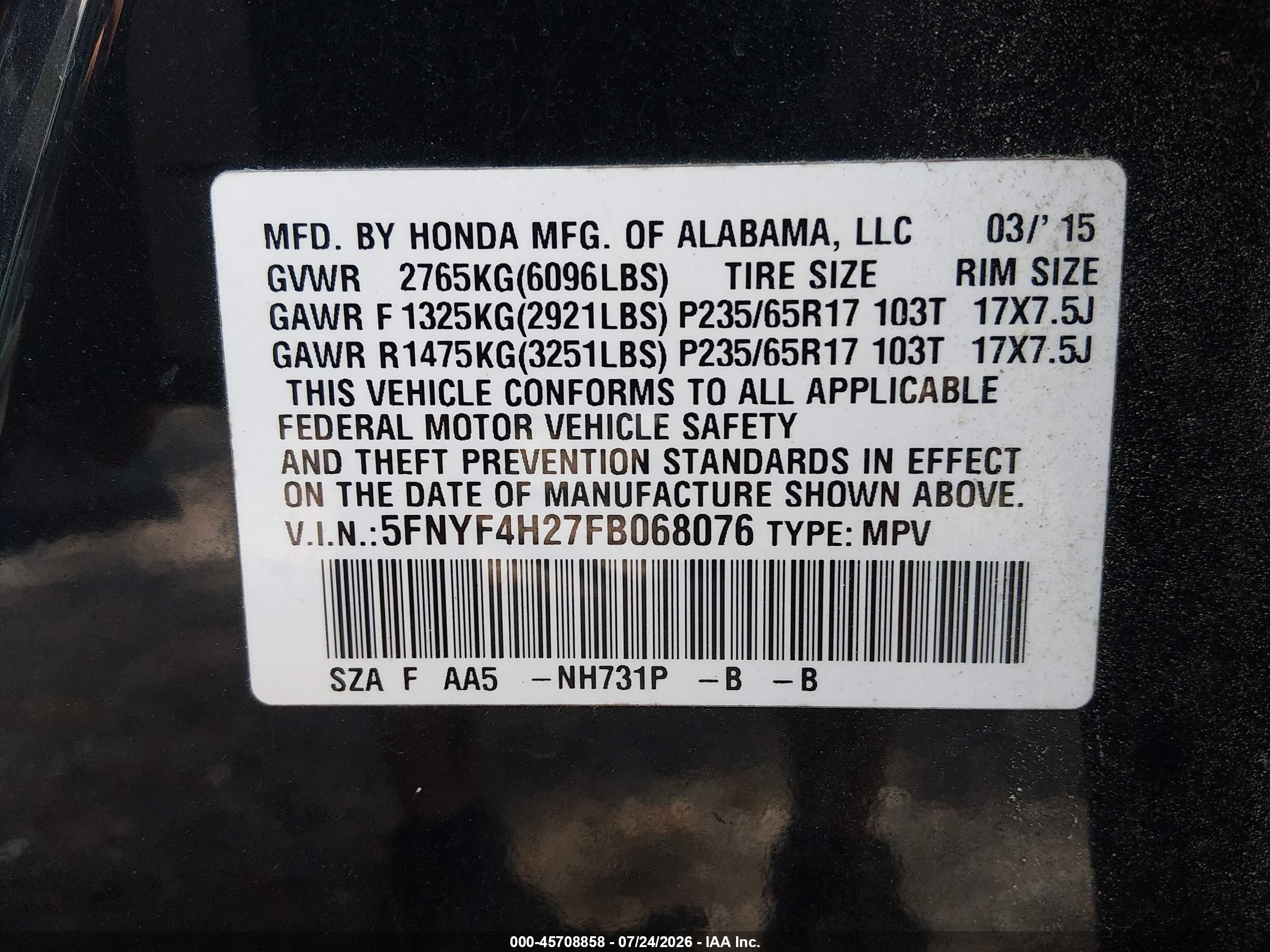 2015 Honda Pilot Lx Black vin: 5FNYF4H27FB068076