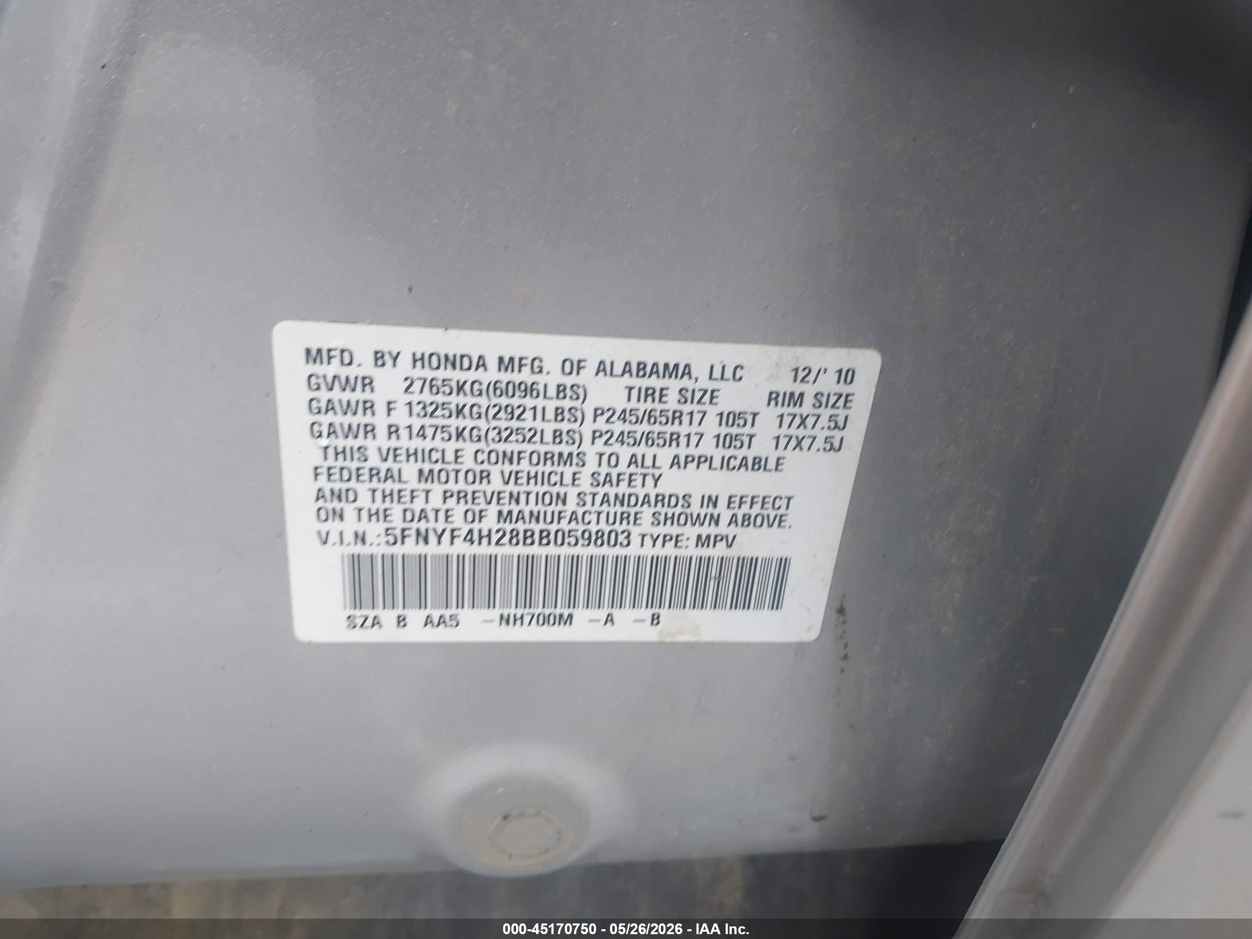 2011 Honda Pilot Lx Silver vin: 5FNYF4H28BB059803