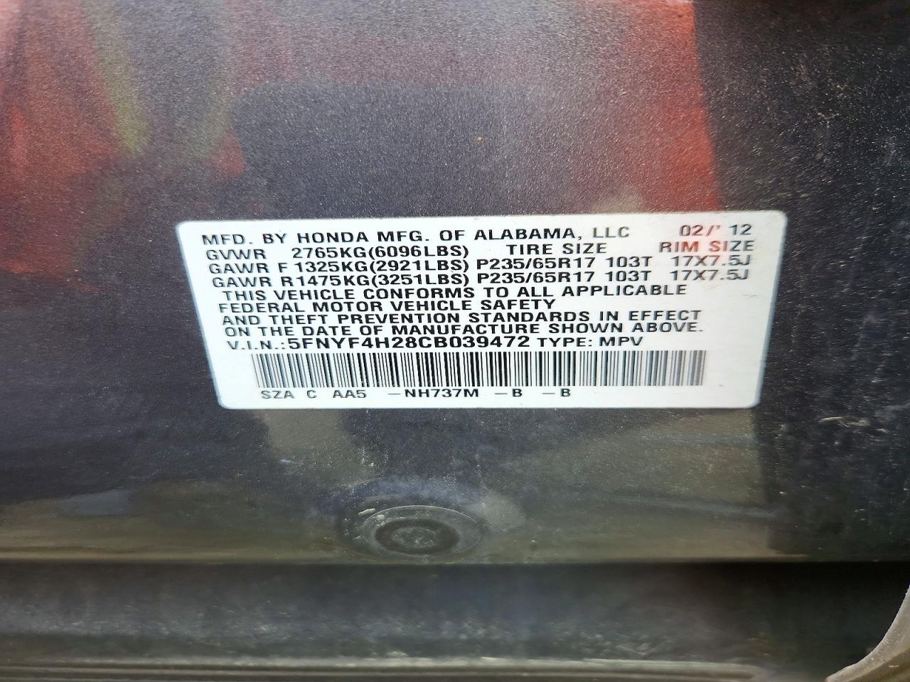 2012 Honda Pilot Gray vin: 5FNYF4H28CB039472