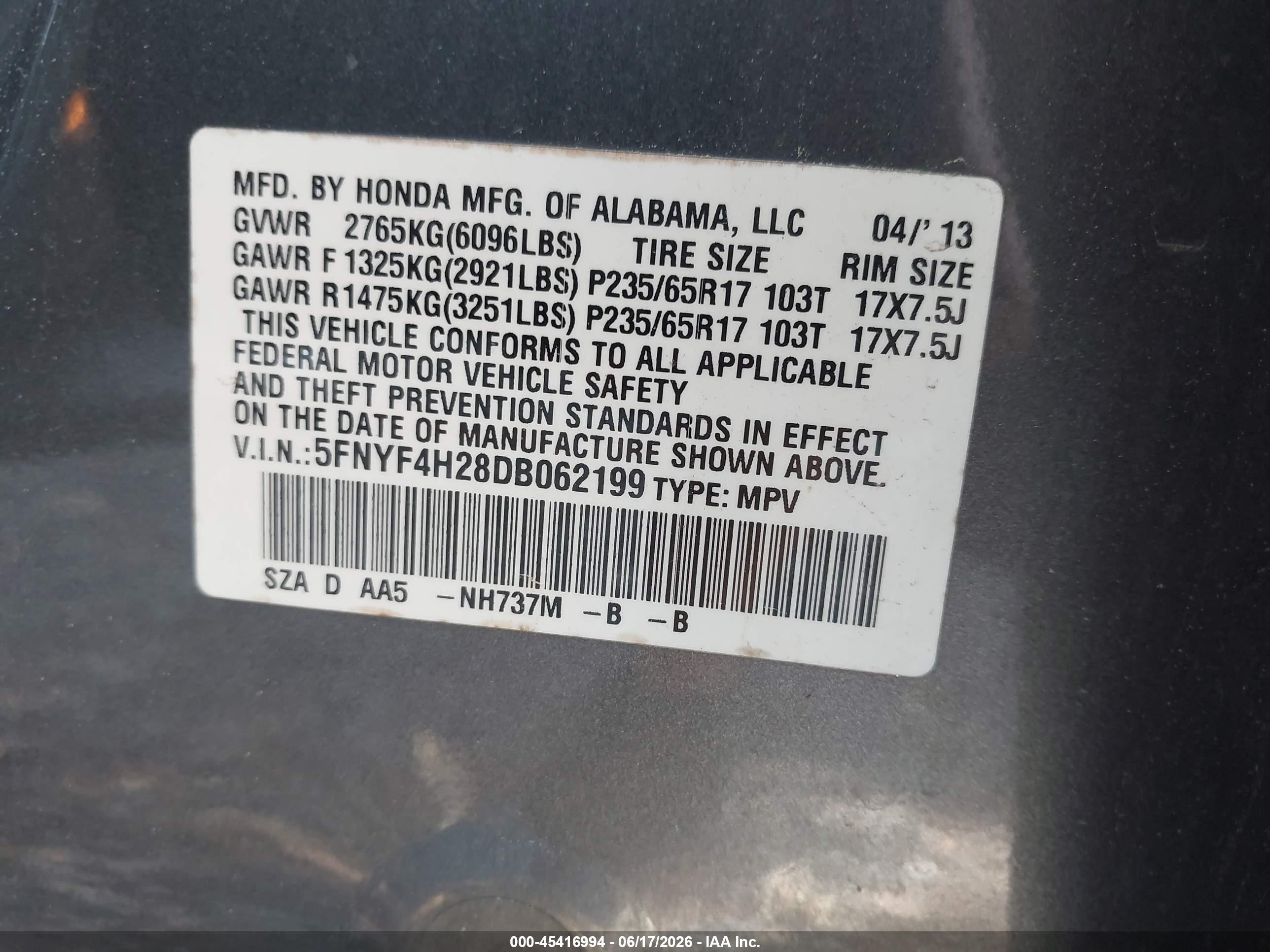 2013 Honda Pilot Lx Gray vin: 5FNYF4H28DB062199