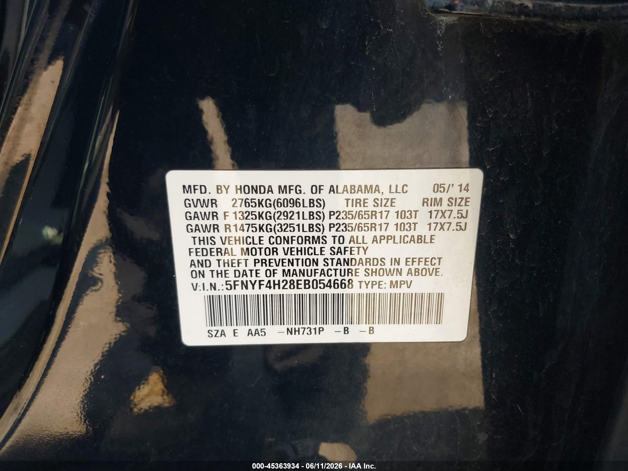 2014 Honda Pilot Lx Black vin: 5FNYF4H28EB054668