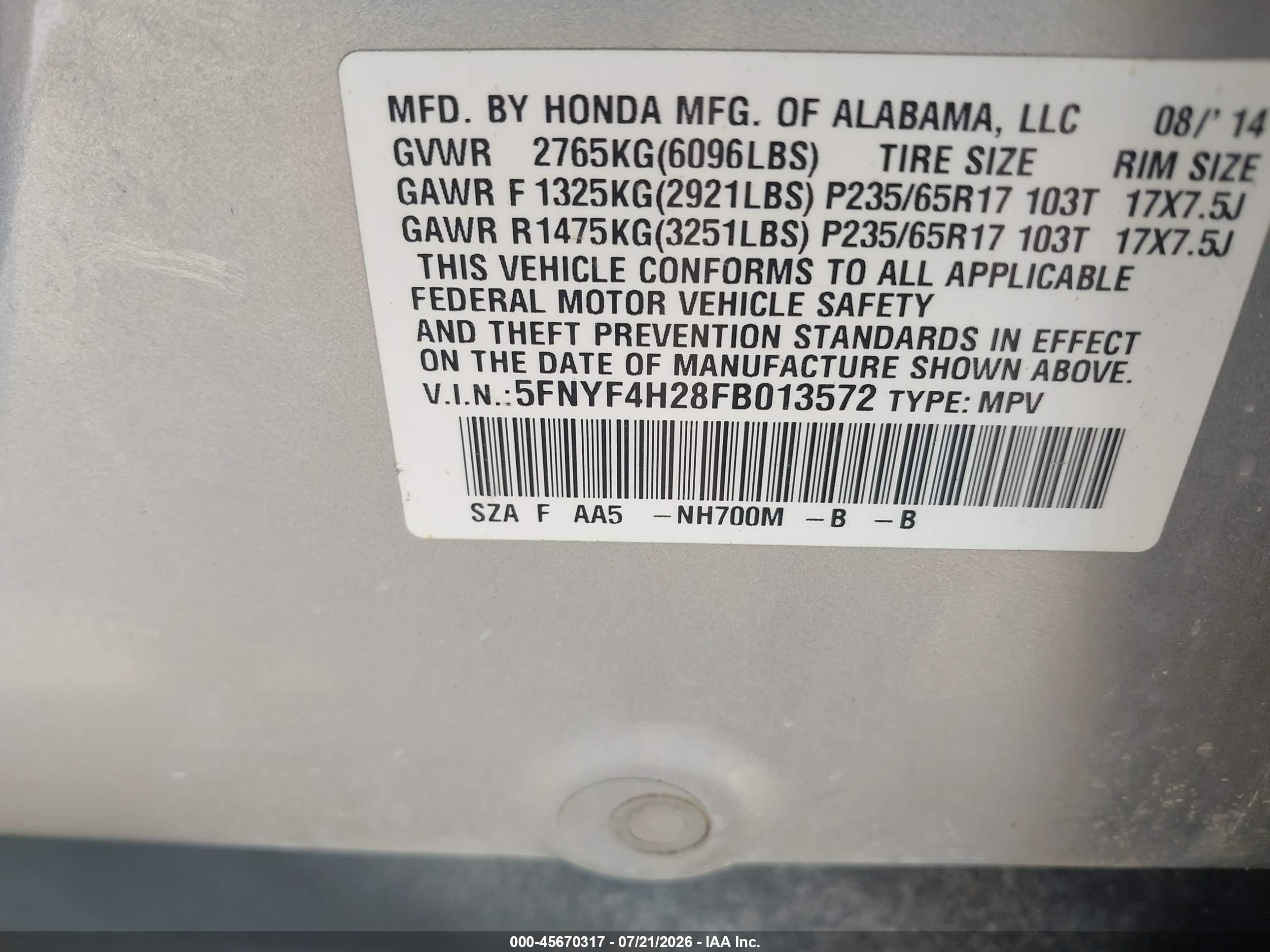2015 Honda Pilot Lx Серебряный vin: 5FNYF4H28FB013572