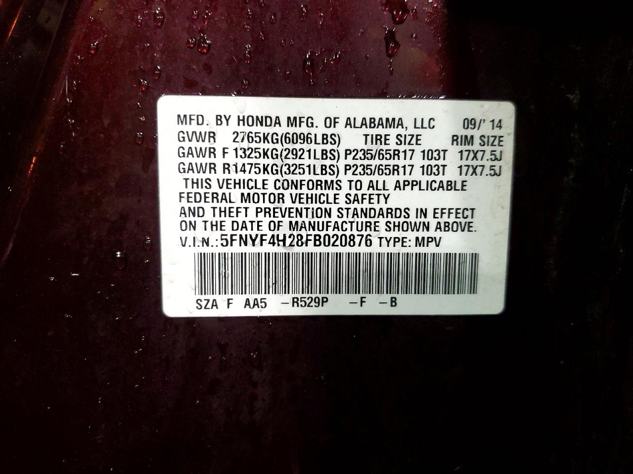 2015 Honda Pilot Lx Maroon vin: 5FNYF4H28FB020876