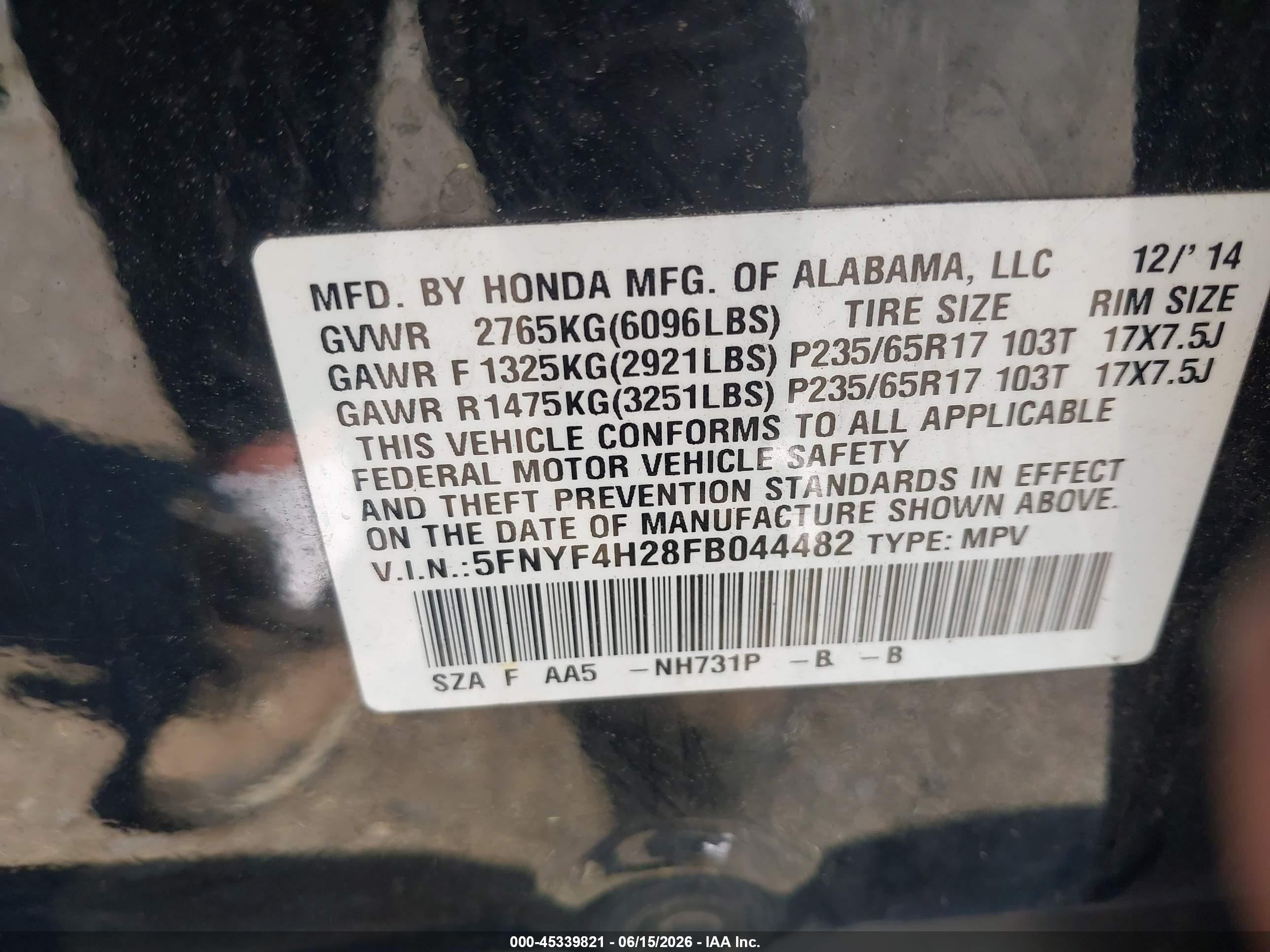 2015 Honda Pilot Lx Black vin: 5FNYF4H28FB044482