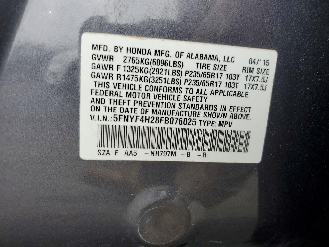 2015 Honda Pilot Lx Gray vin: 5FNYF4H28FB076025