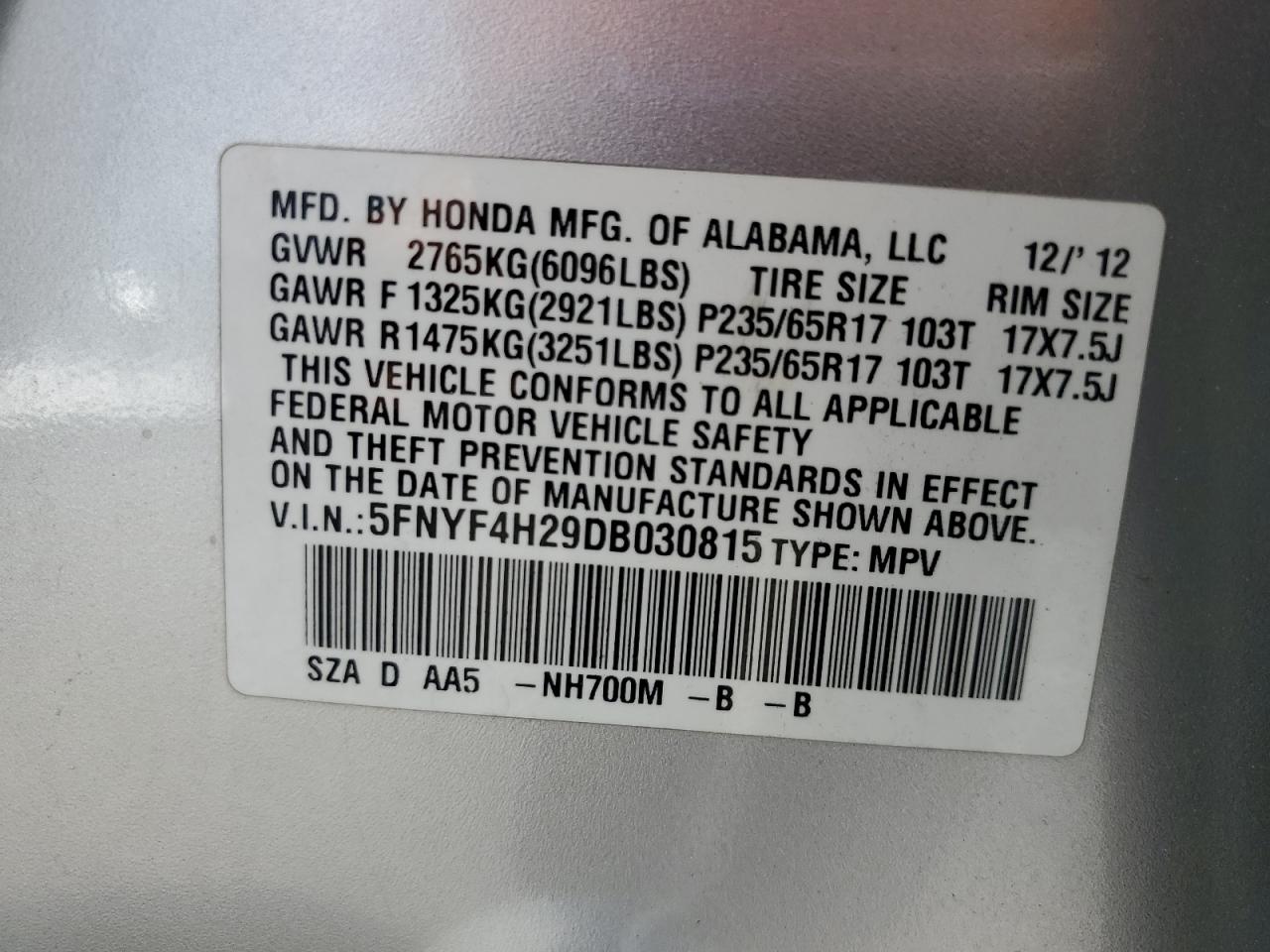 2013 Honda Pilot Lx Silver vin: 5FNYF4H29DB030815