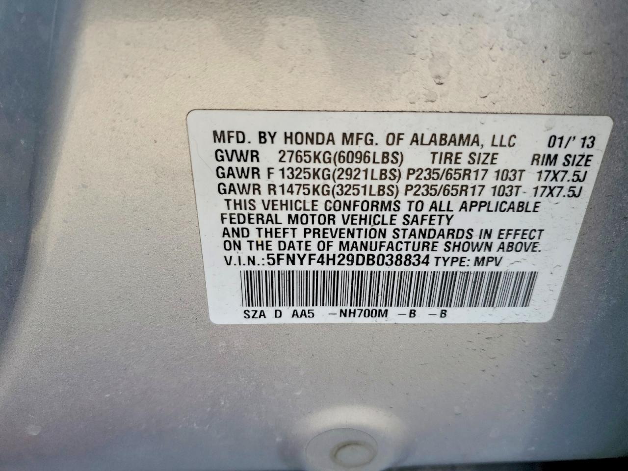 2013 Honda Pilot Lx Silver vin: 5FNYF4H29DB038834