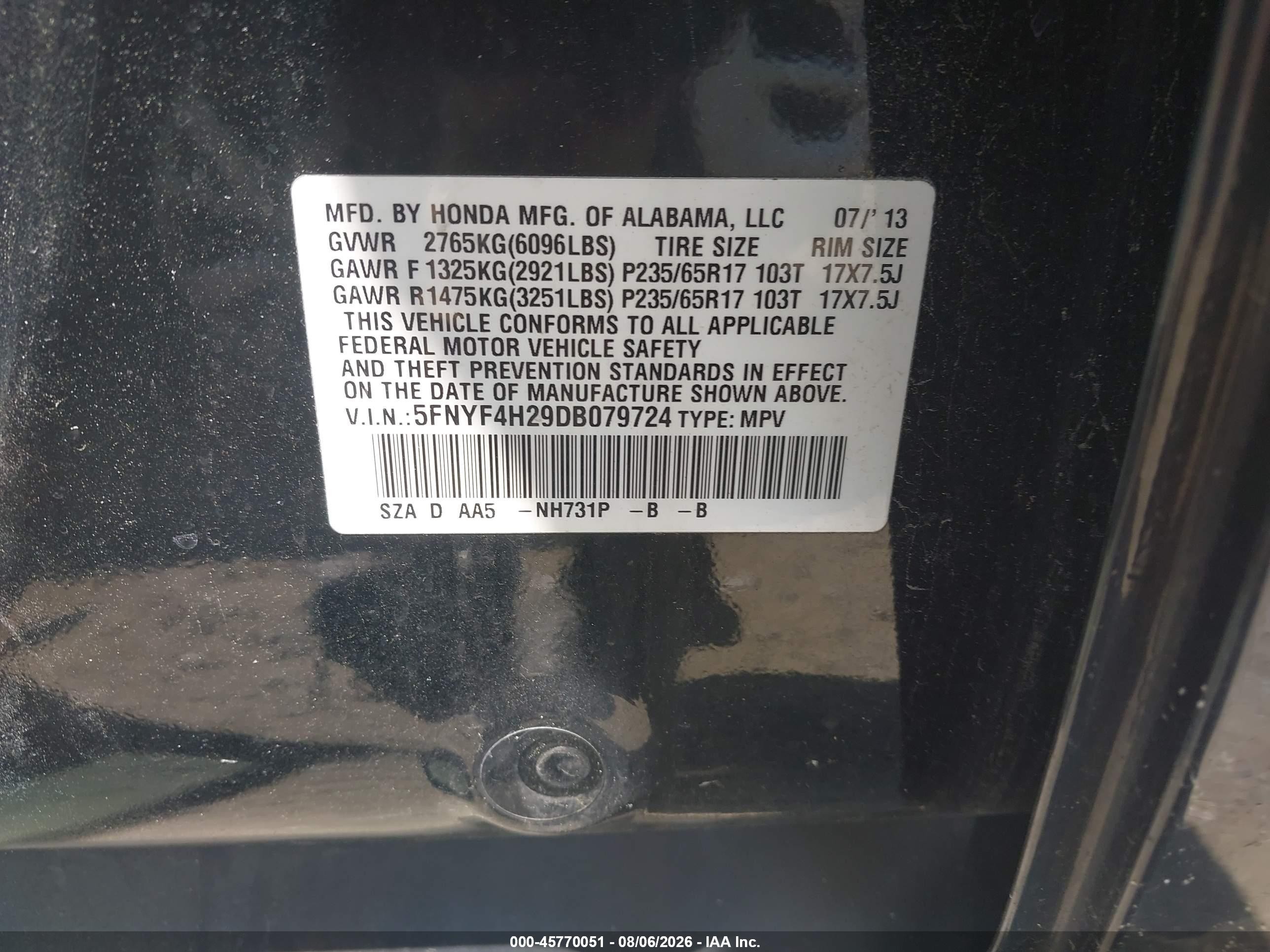 2013 Honda Pilot Lx Черный vin: 5FNYF4H29DB079724