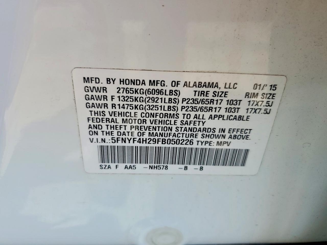 2015 Honda Pilot Lx White vin: 5FNYF4H29FB050226