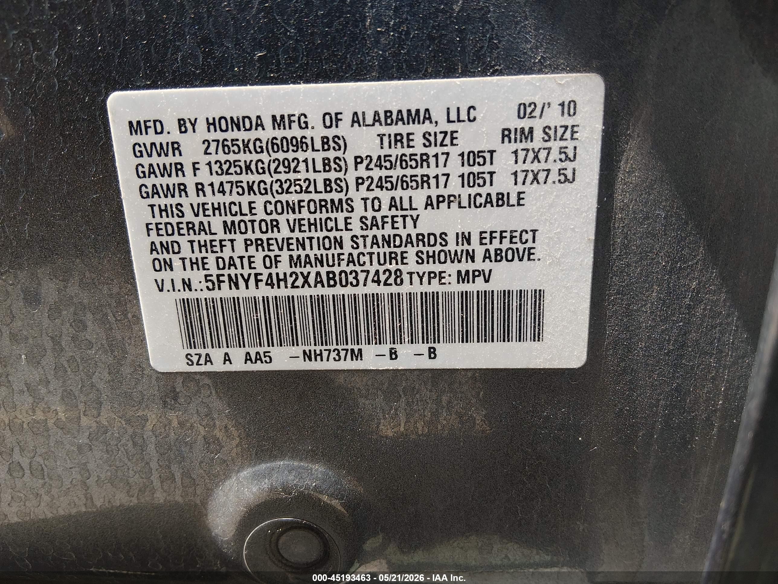2010 Honda Pilot Lx Gray vin: 5FNYF4H2XAB037428
