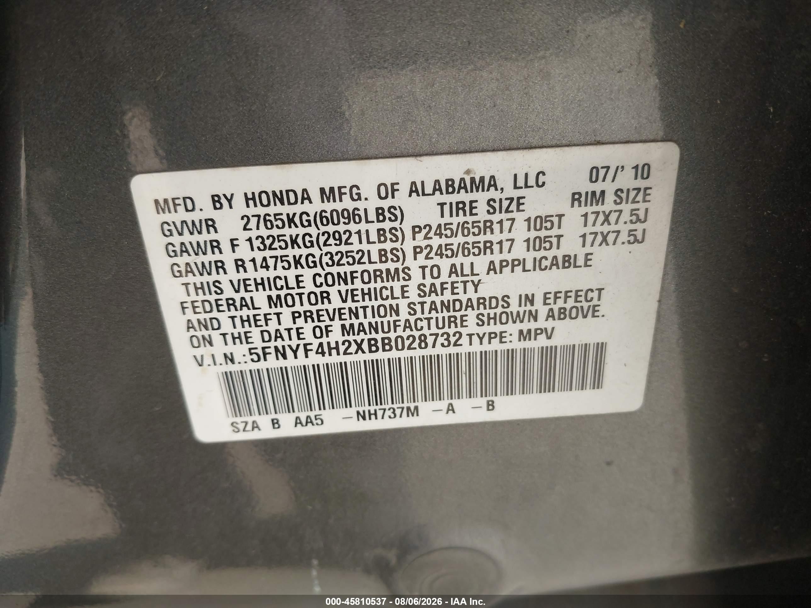 2011 Honda Pilot Lx Серый vin: 5FNYF4H2XBB028732