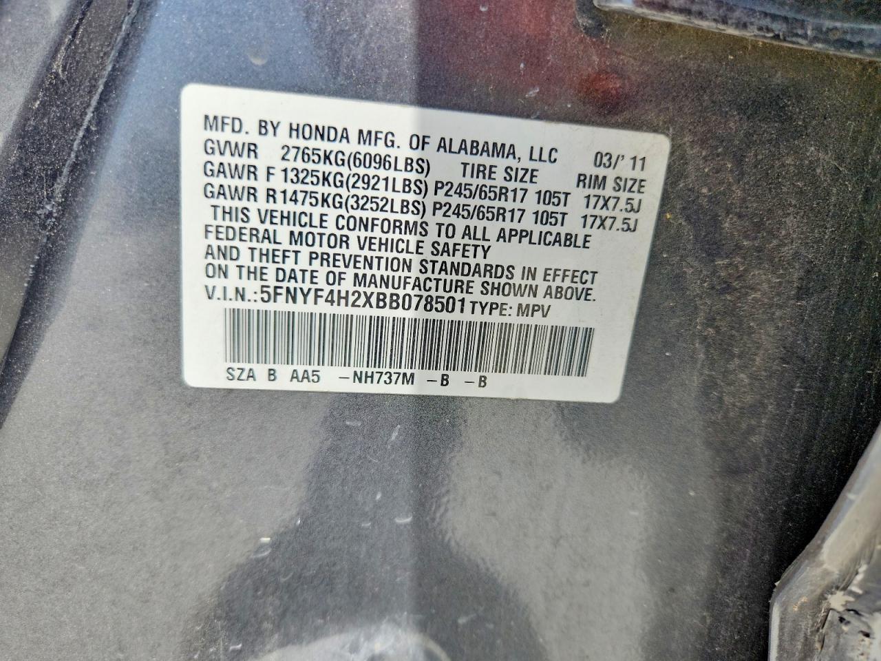 2011 Honda Pilot Lx Gray vin: 5FNYF4H2XBB078501