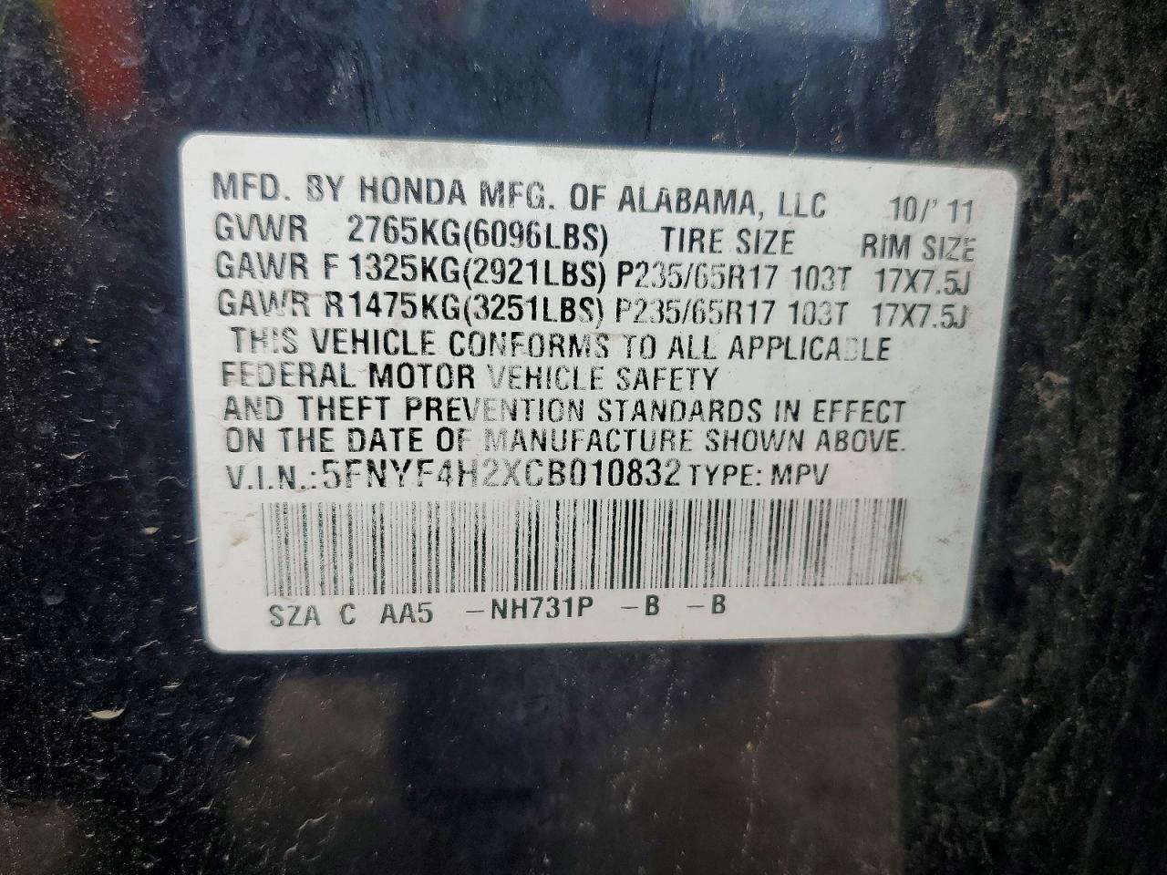 2012 Honda Pilot Lx Black vin: 5FNYF4H2XCB010832