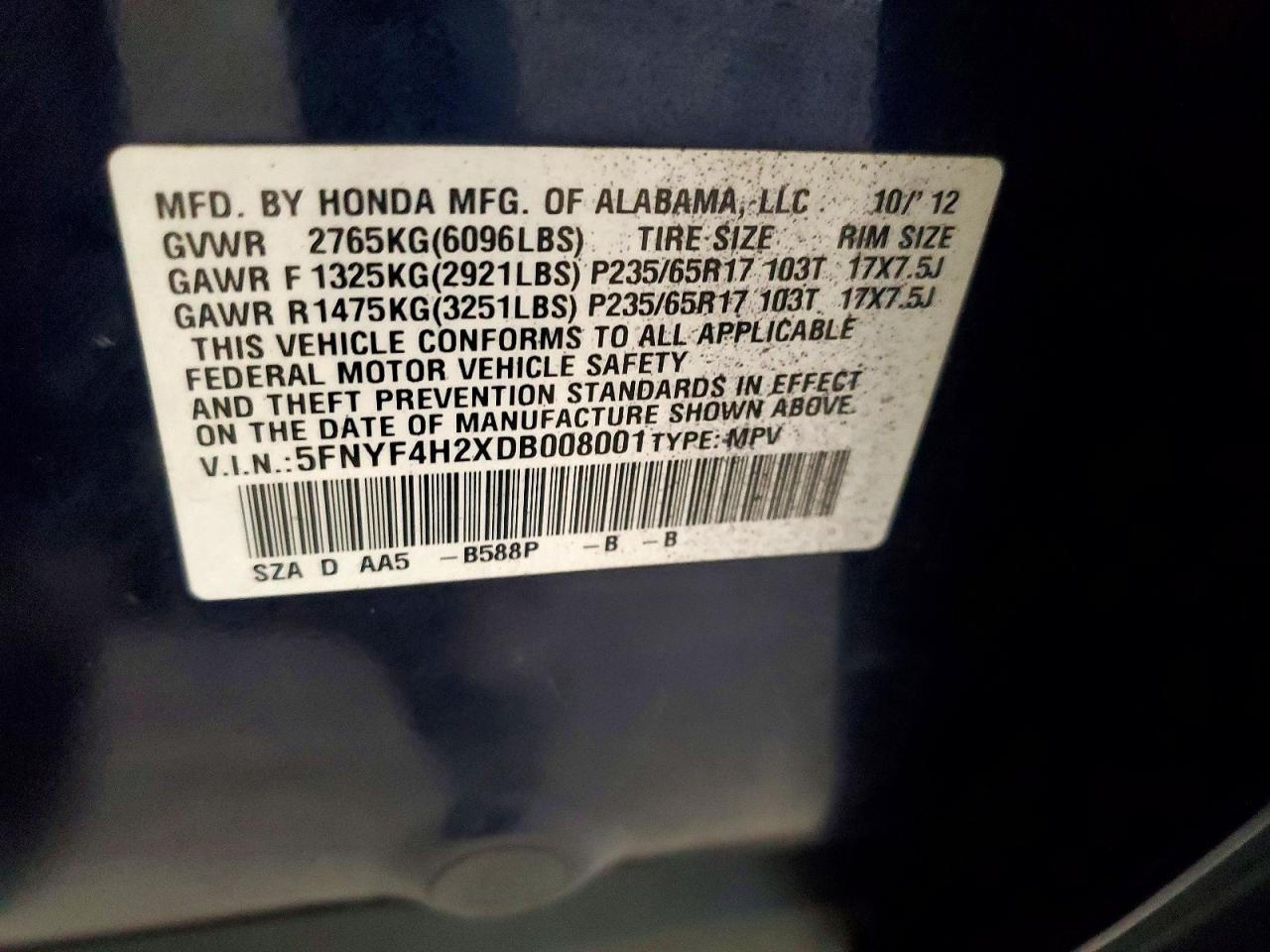 2013 Honda Pilot Lx Blue vin: 5FNYF4H2XDB008001