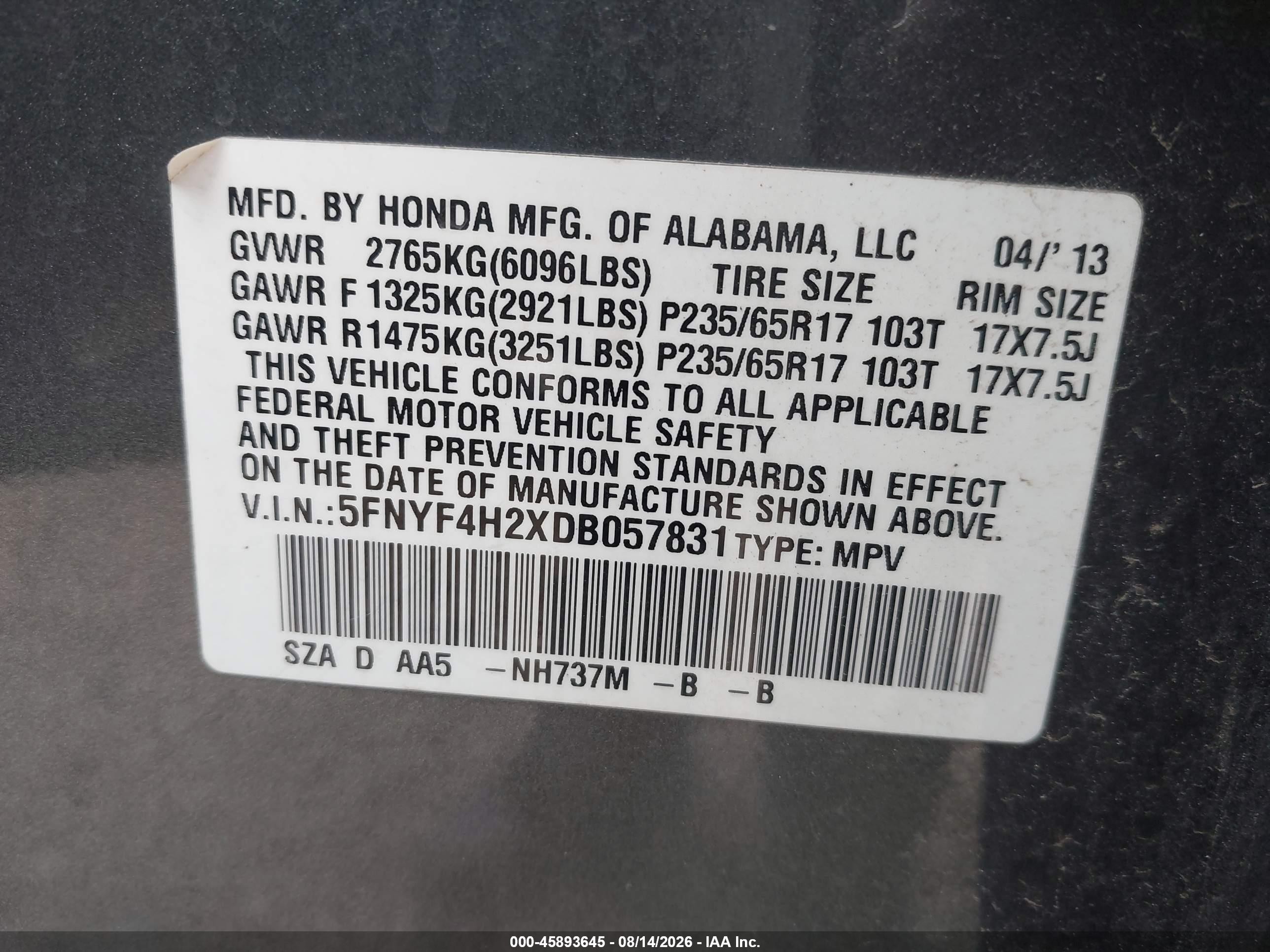 2013 Honda Pilot Lx Black vin: 5FNYF4H2XDB057831