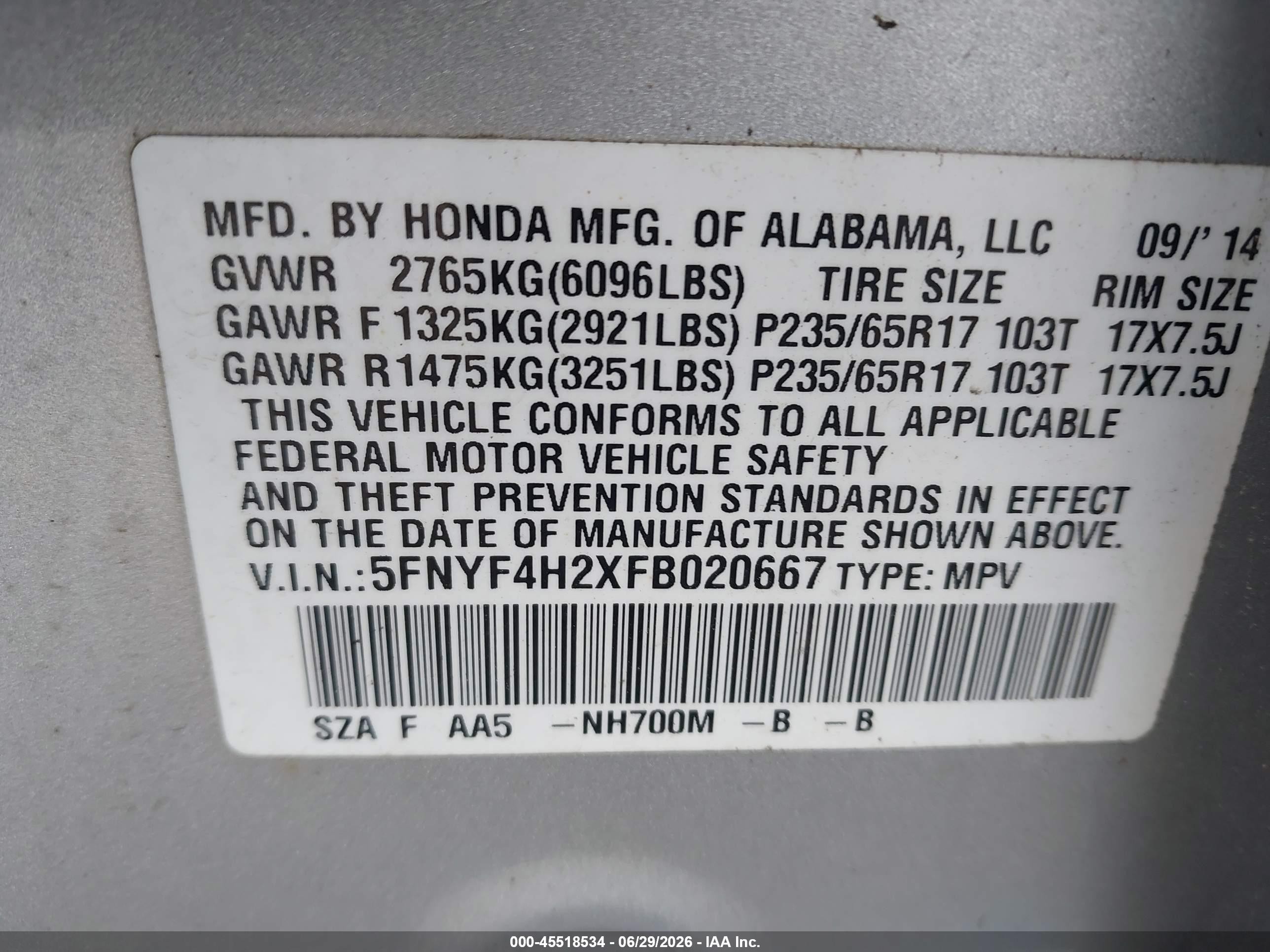 2015 Honda Pilot Lx Silver vin: 5FNYF4H2XFB020667