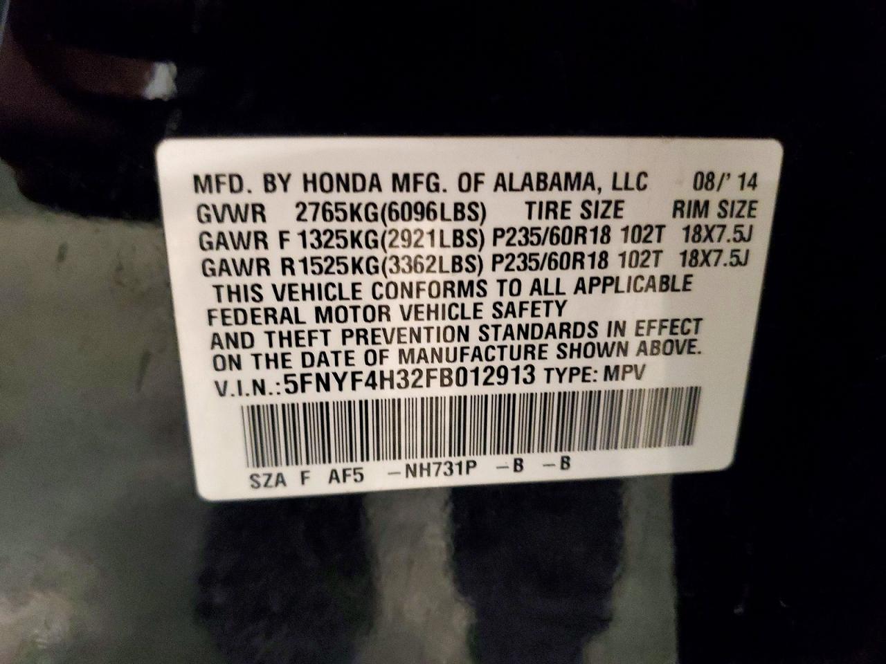 2015 Honda Pilot Se Black vin: 5FNYF4H32FB012913