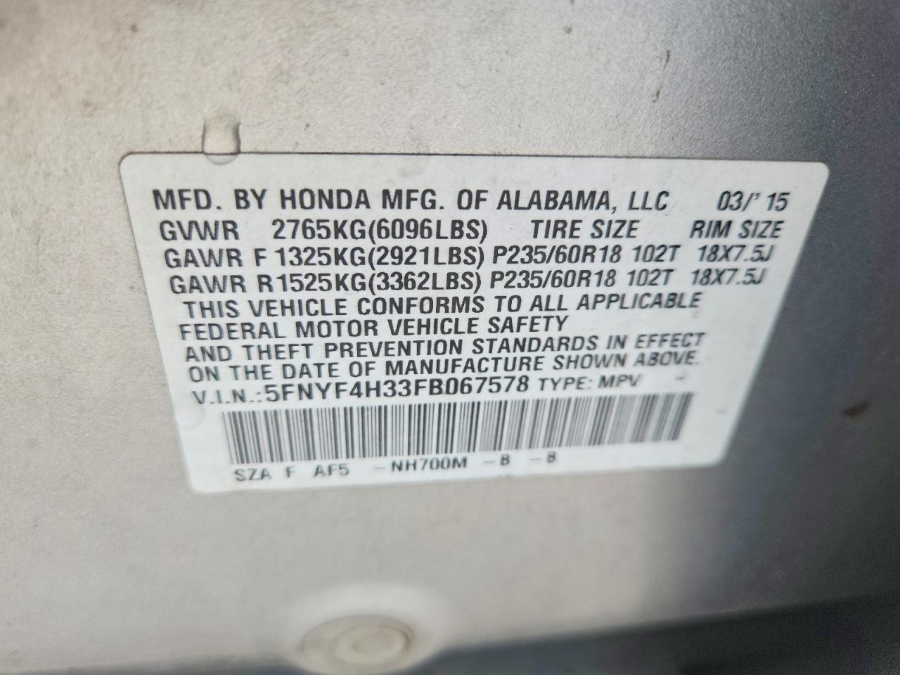 2015 Honda Pilot Se Silver vin: 5FNYF4H33FB067578