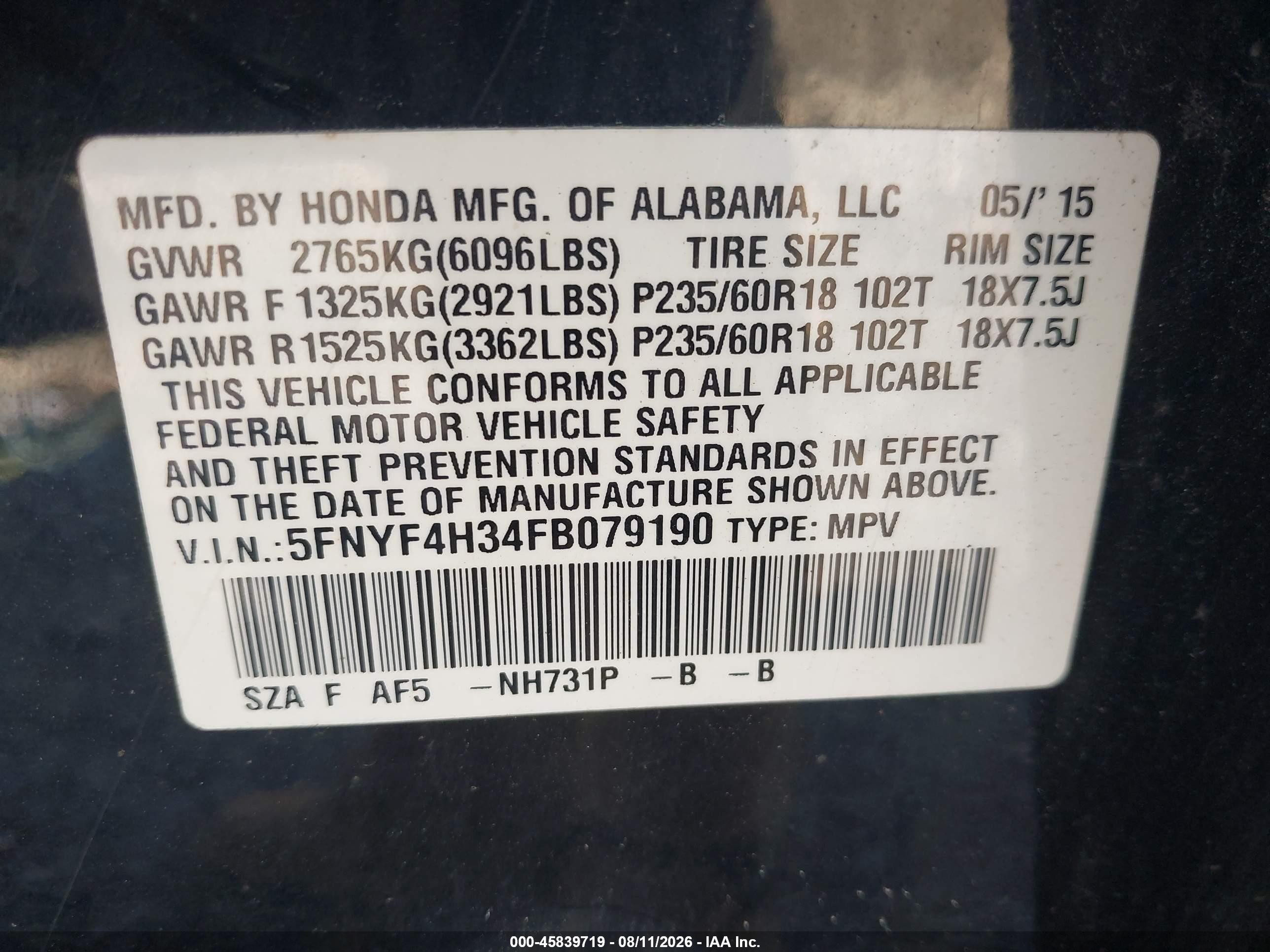 2015 Honda Pilot Se Black vin: 5FNYF4H34FB079190