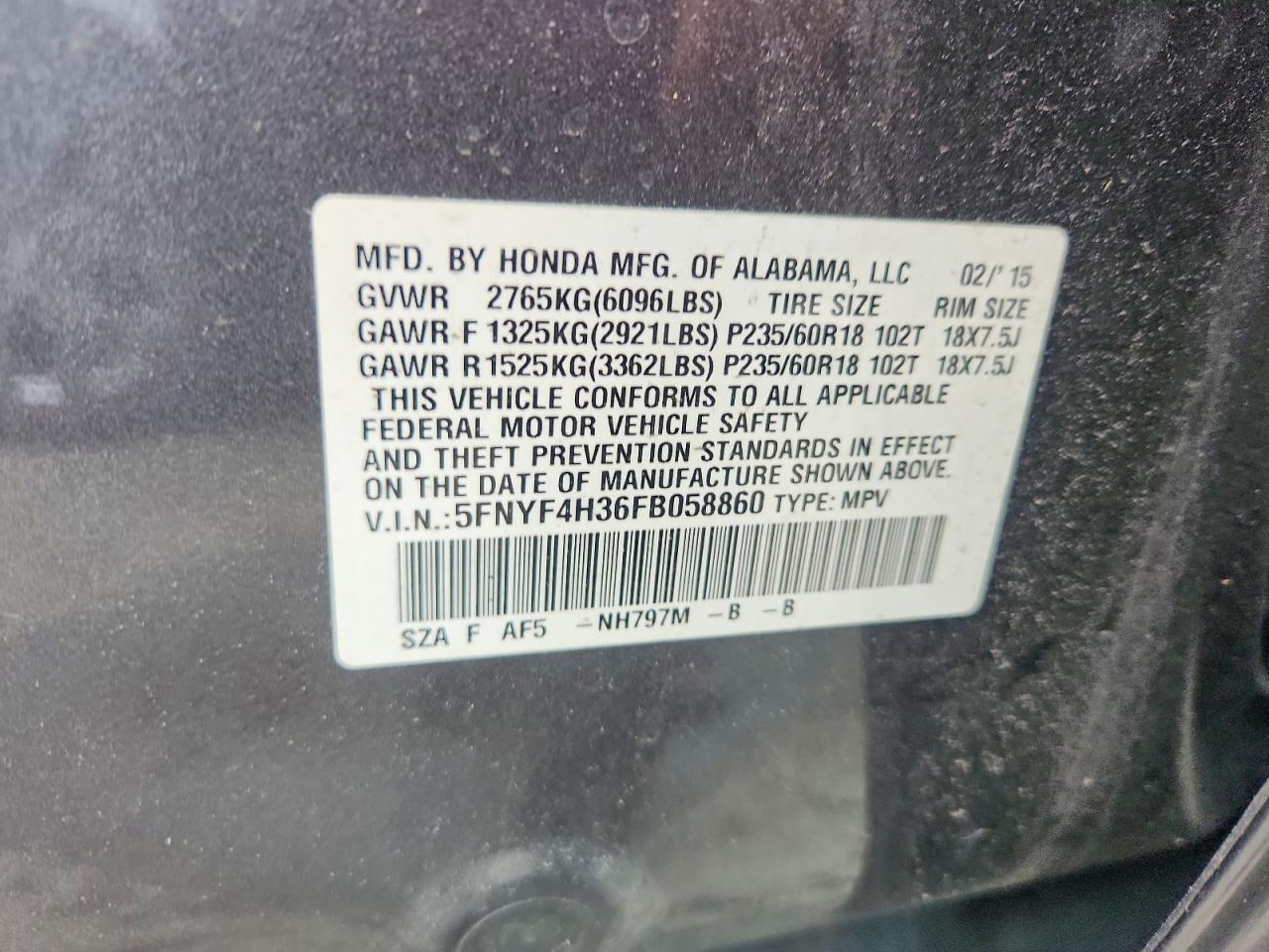 2015 Honda Pilot Se Gray vin: 5FNYF4H36FB058860