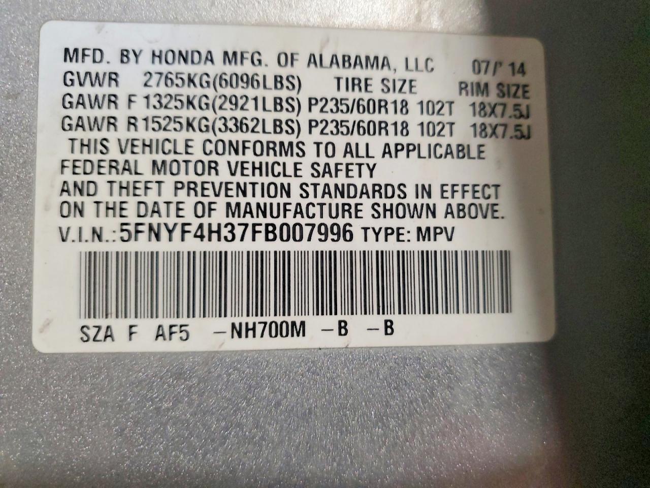 2015 Honda Pilot Se Серебряный vin: 5FNYF4H37FB007996