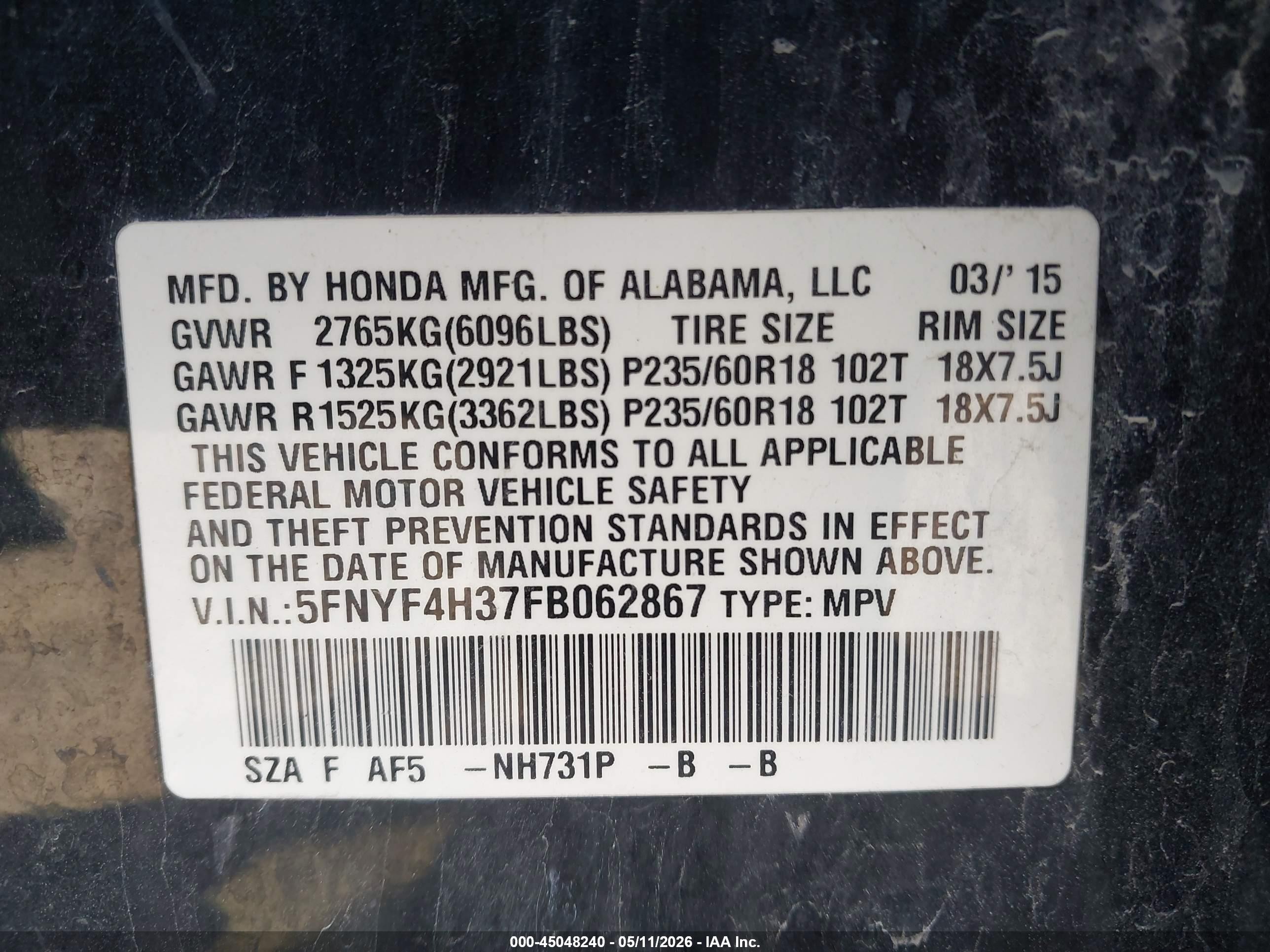 2015 Honda Pilot Se Black vin: 5FNYF4H37FB062867