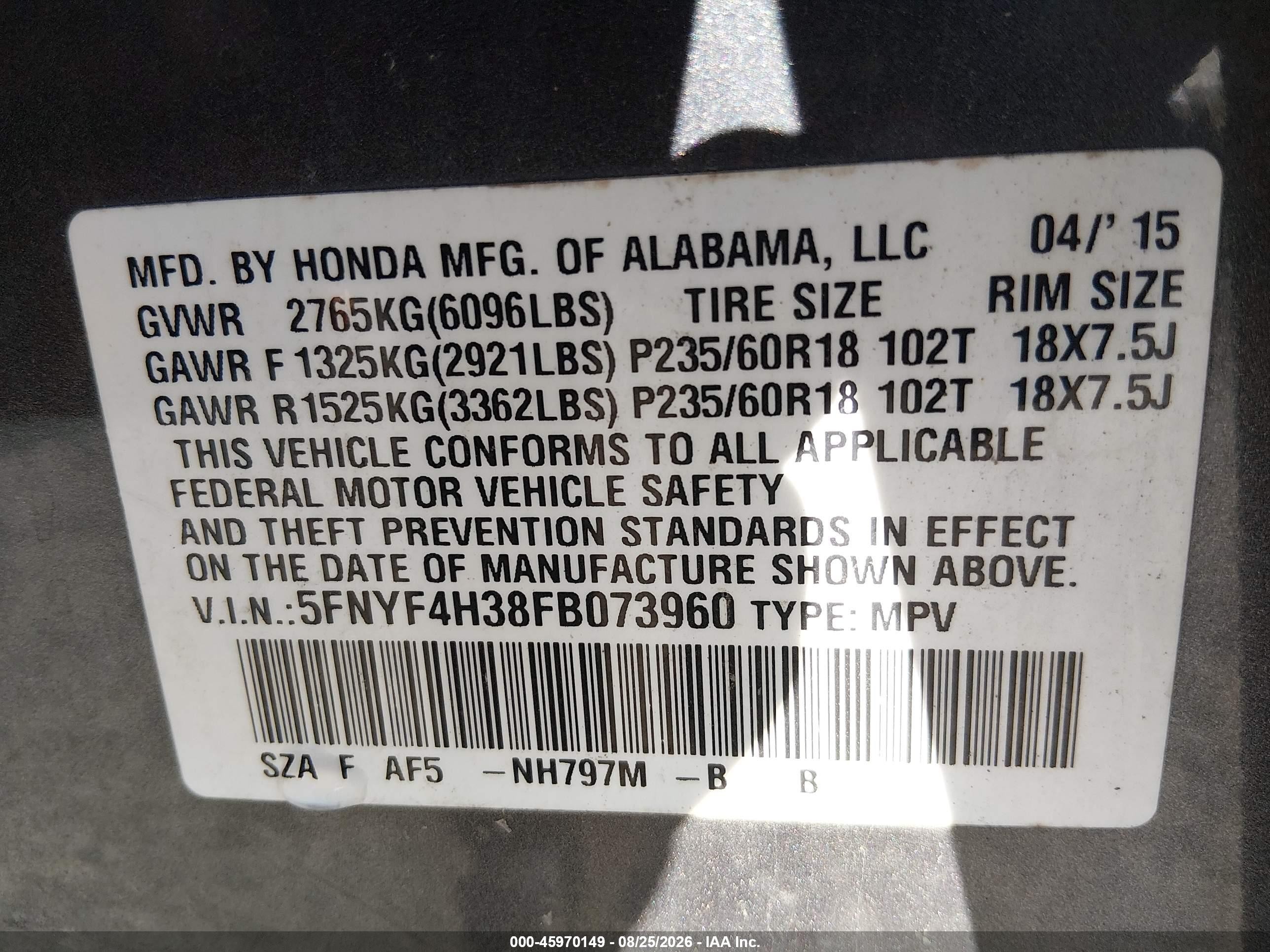 2015 Honda Pilot Se Gray vin: 5FNYF4H38FB073960