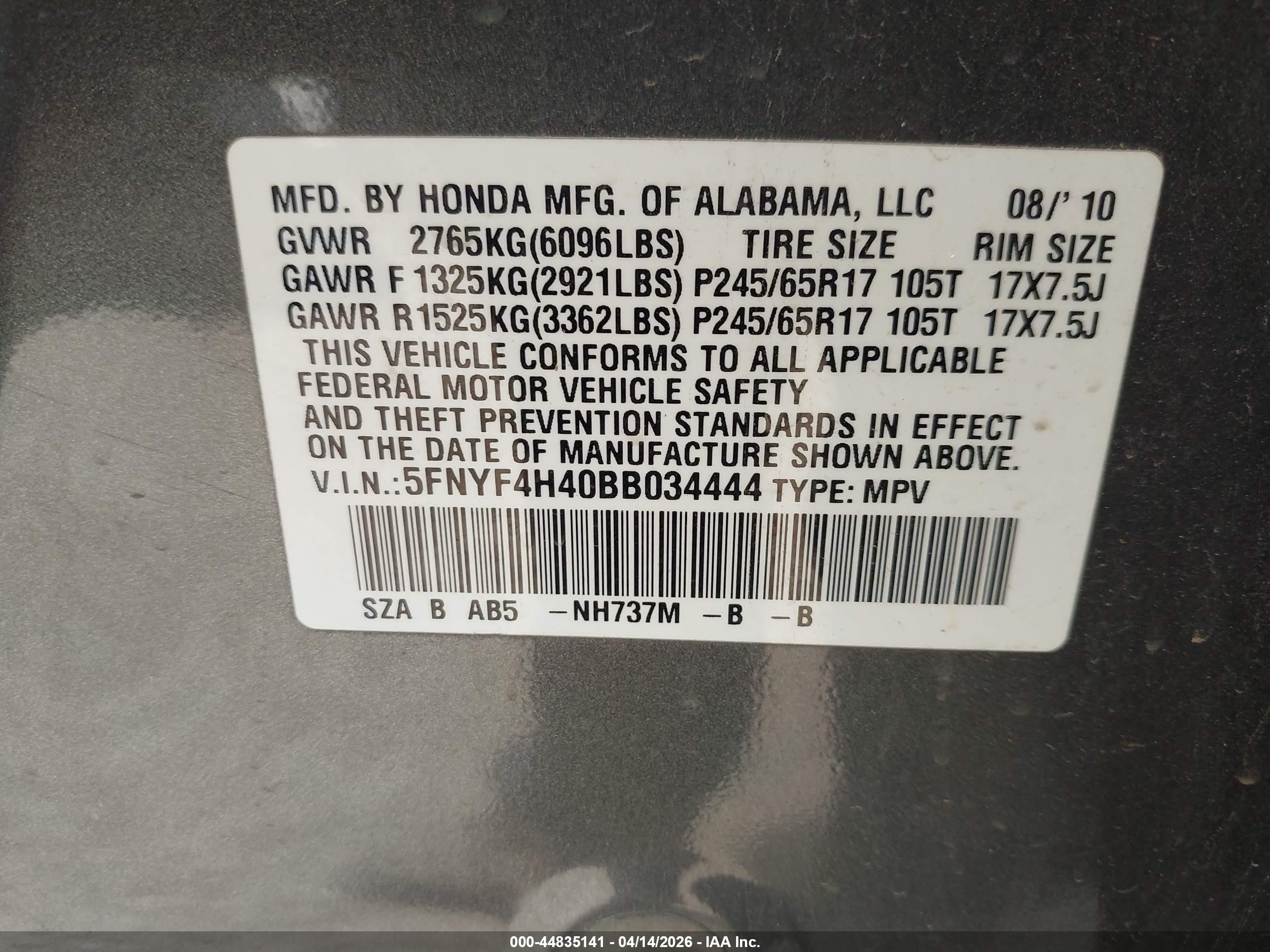 2011 Honda Pilot Ex Gray vin: 5FNYF4H40BB034444