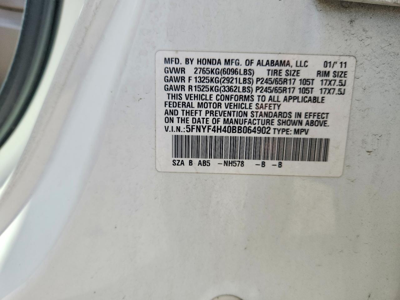 2011 Honda Pilot Ex White vin: 5FNYF4H40BB064902