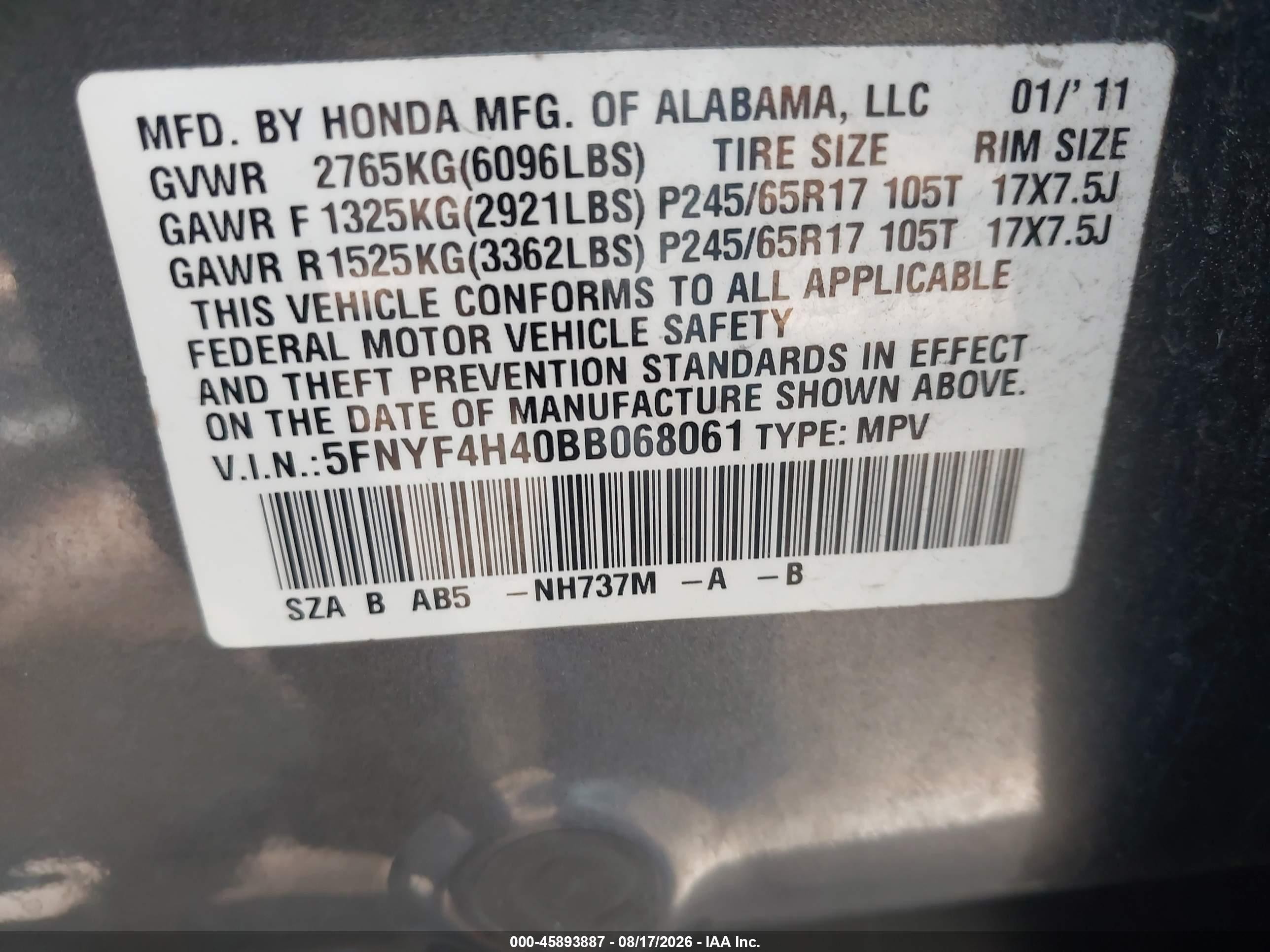 2011 Honda Pilot Ex Gray vin: 5FNYF4H40BB068061
