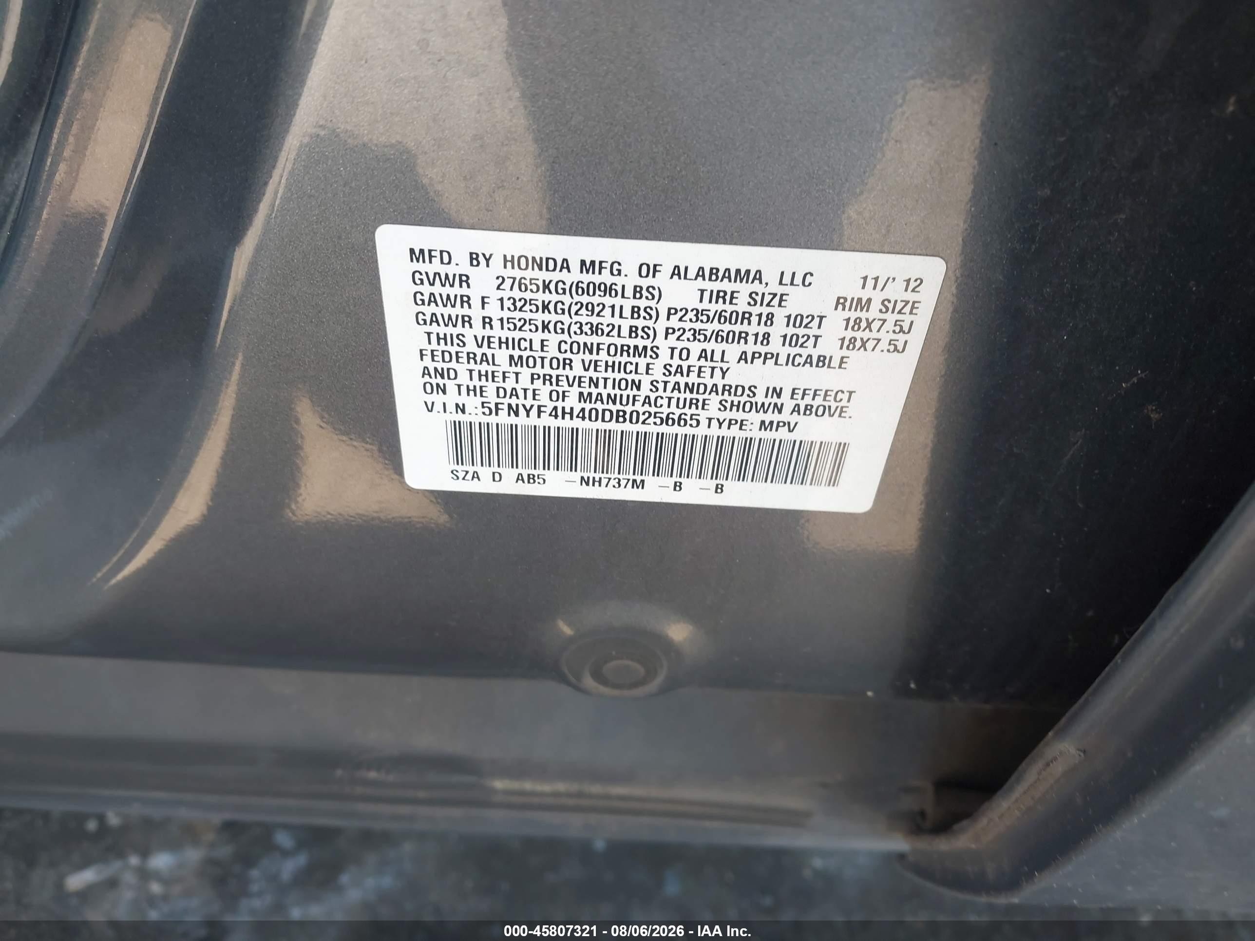 2013 Honda Pilot Ex Gray vin: 5FNYF4H40DB025665