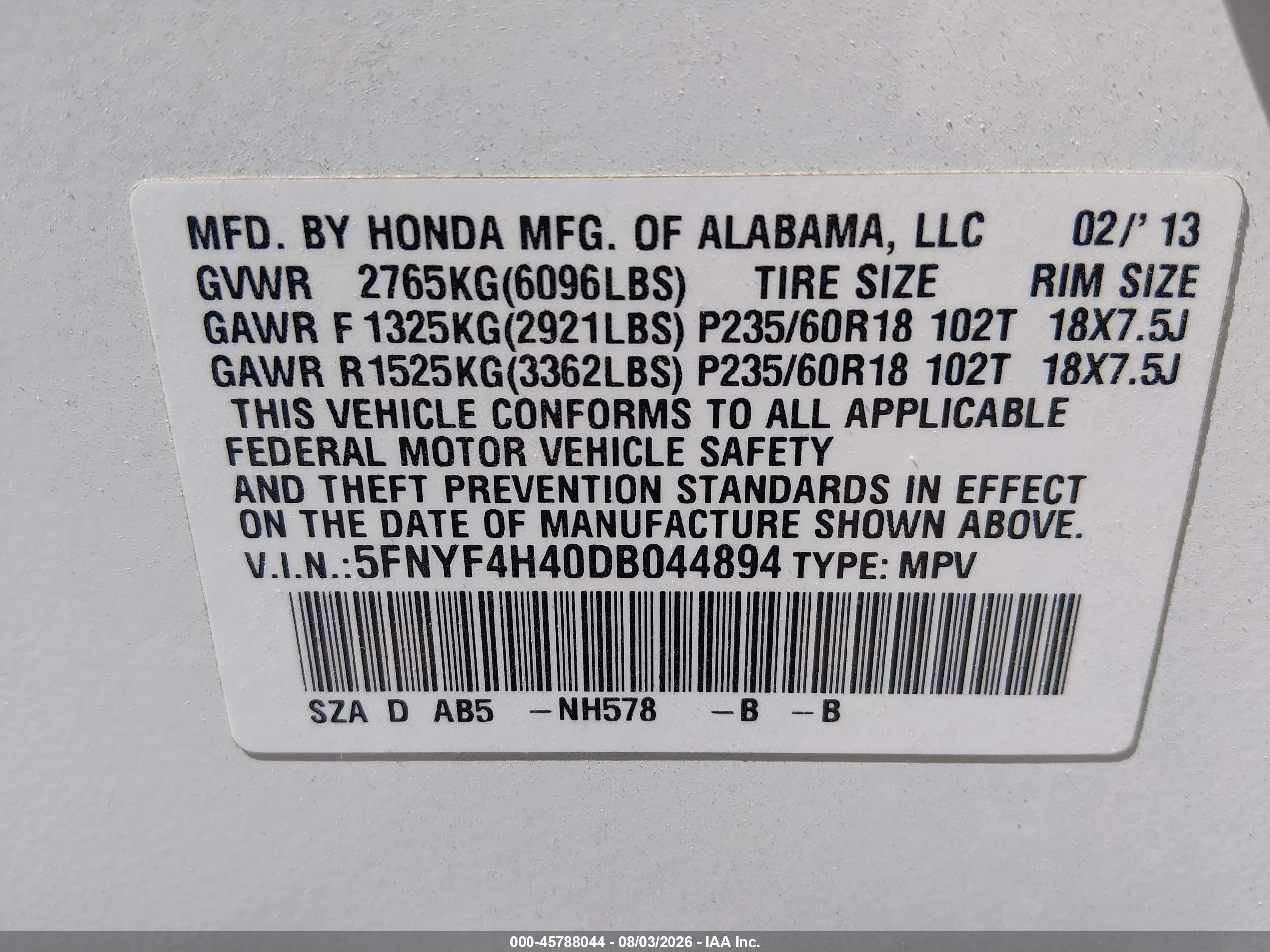 2013 Honda Pilot Ex White vin: 5FNYF4H40DB044894