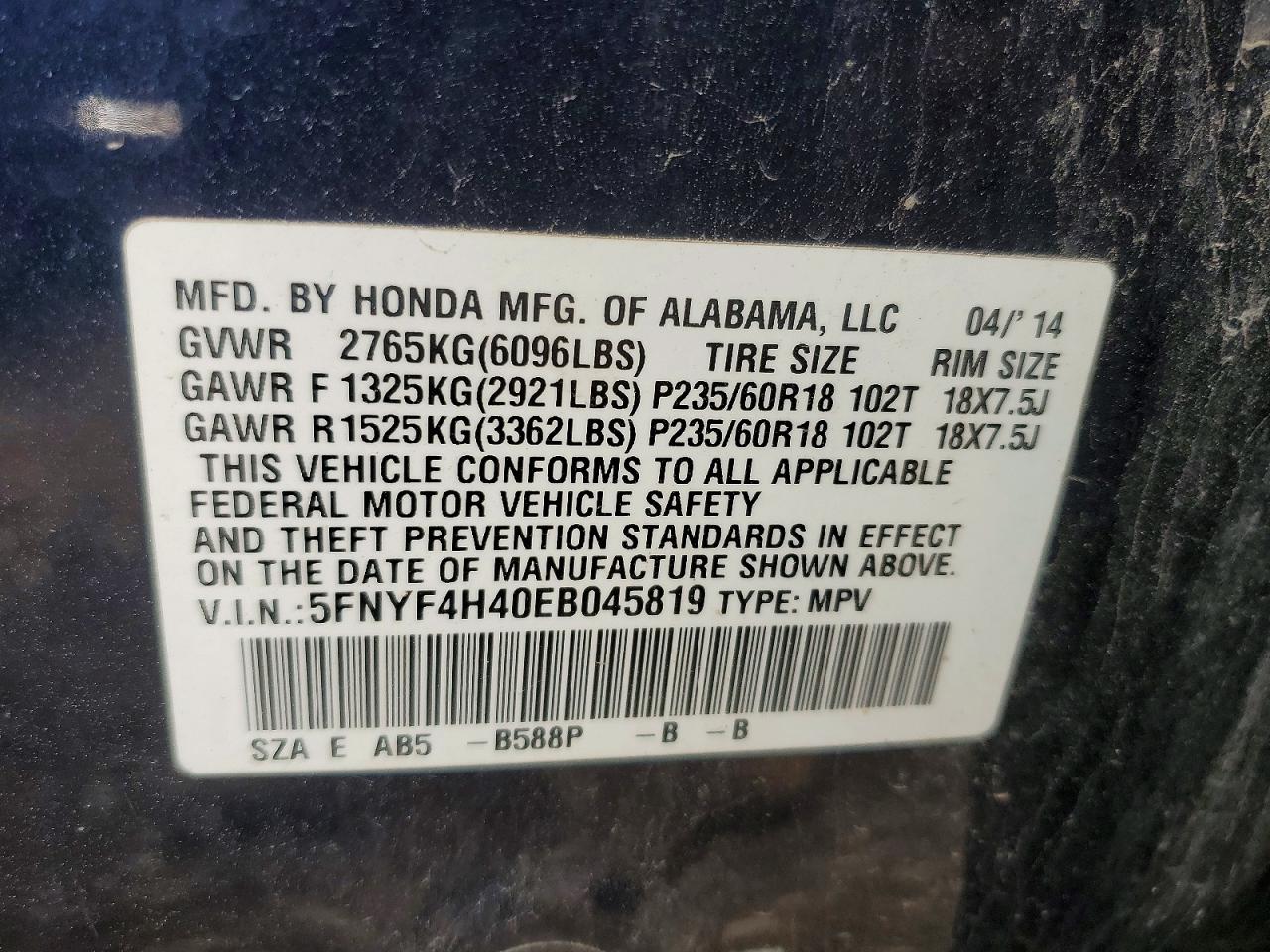2014 Honda Pilot Ex Blue vin: 5FNYF4H40EB045819