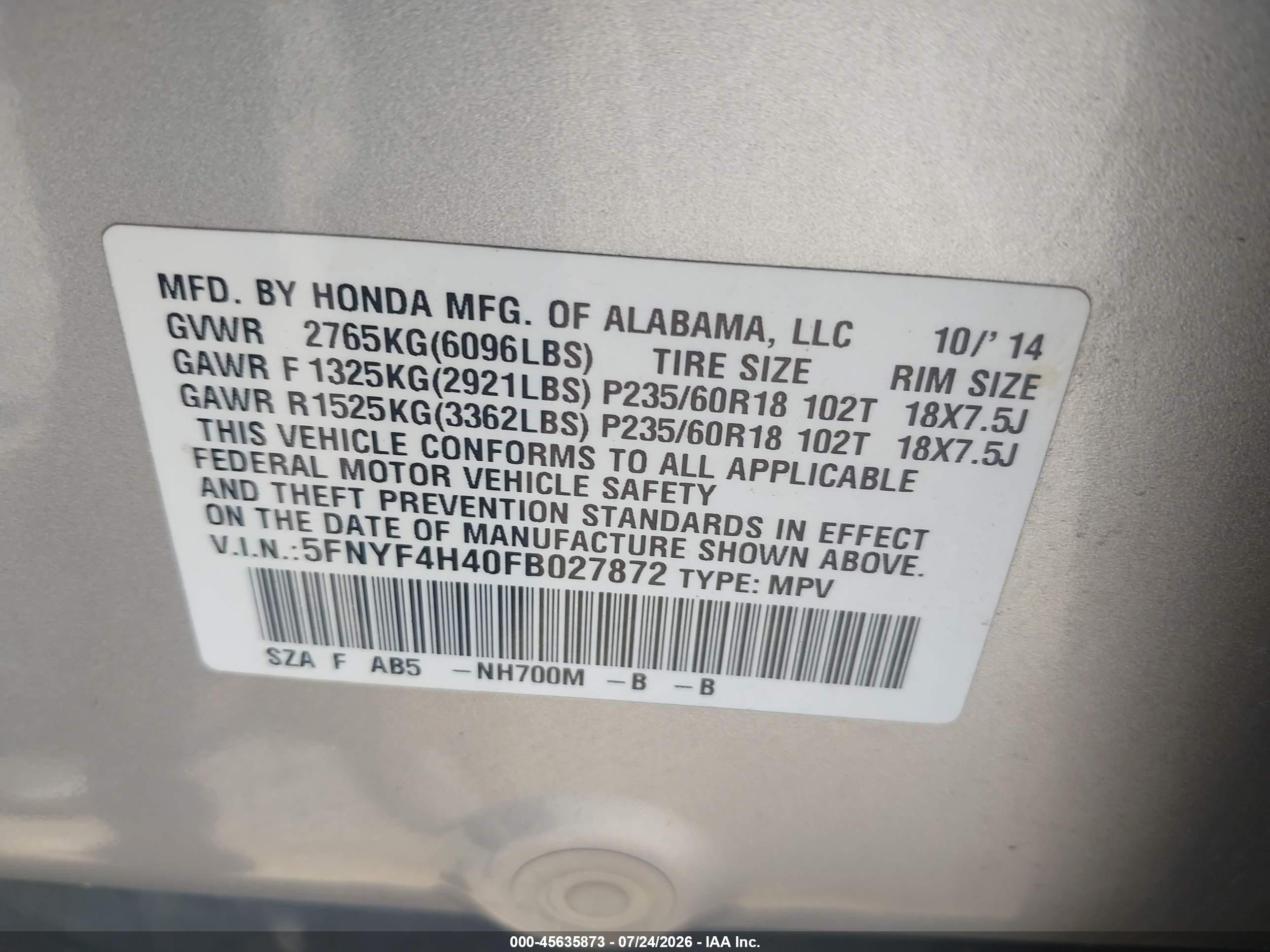 2015 Honda Pilot Ex Silver vin: 5FNYF4H40FB027872