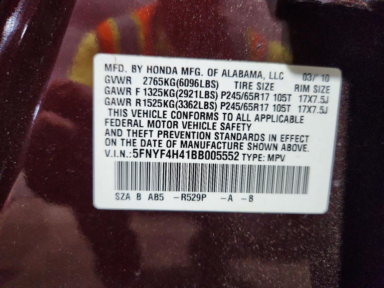 2011 Honda Pilot Ex Maroon vin: 5FNYF4H41BB005552