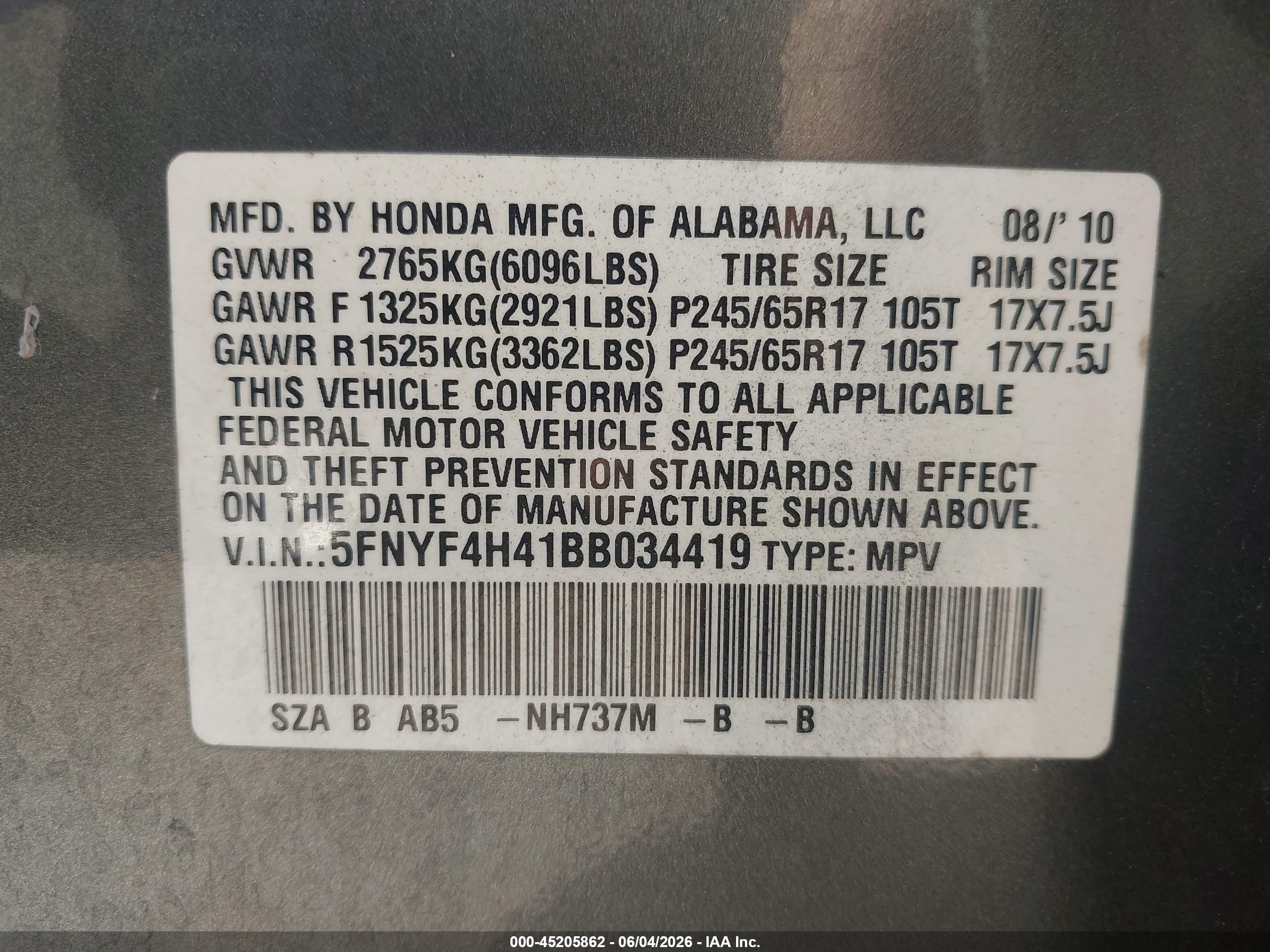 2011 Honda Pilot Ex Gray vin: 5FNYF4H41BB034419
