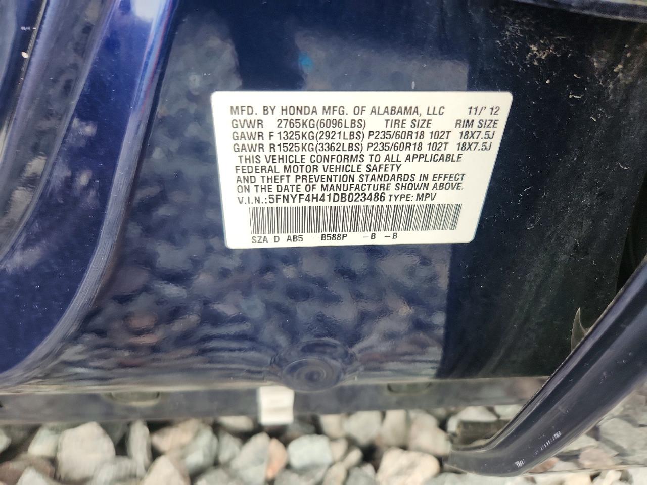 2013 Honda Pilot Ex Blue vin: 5FNYF4H41DB023486