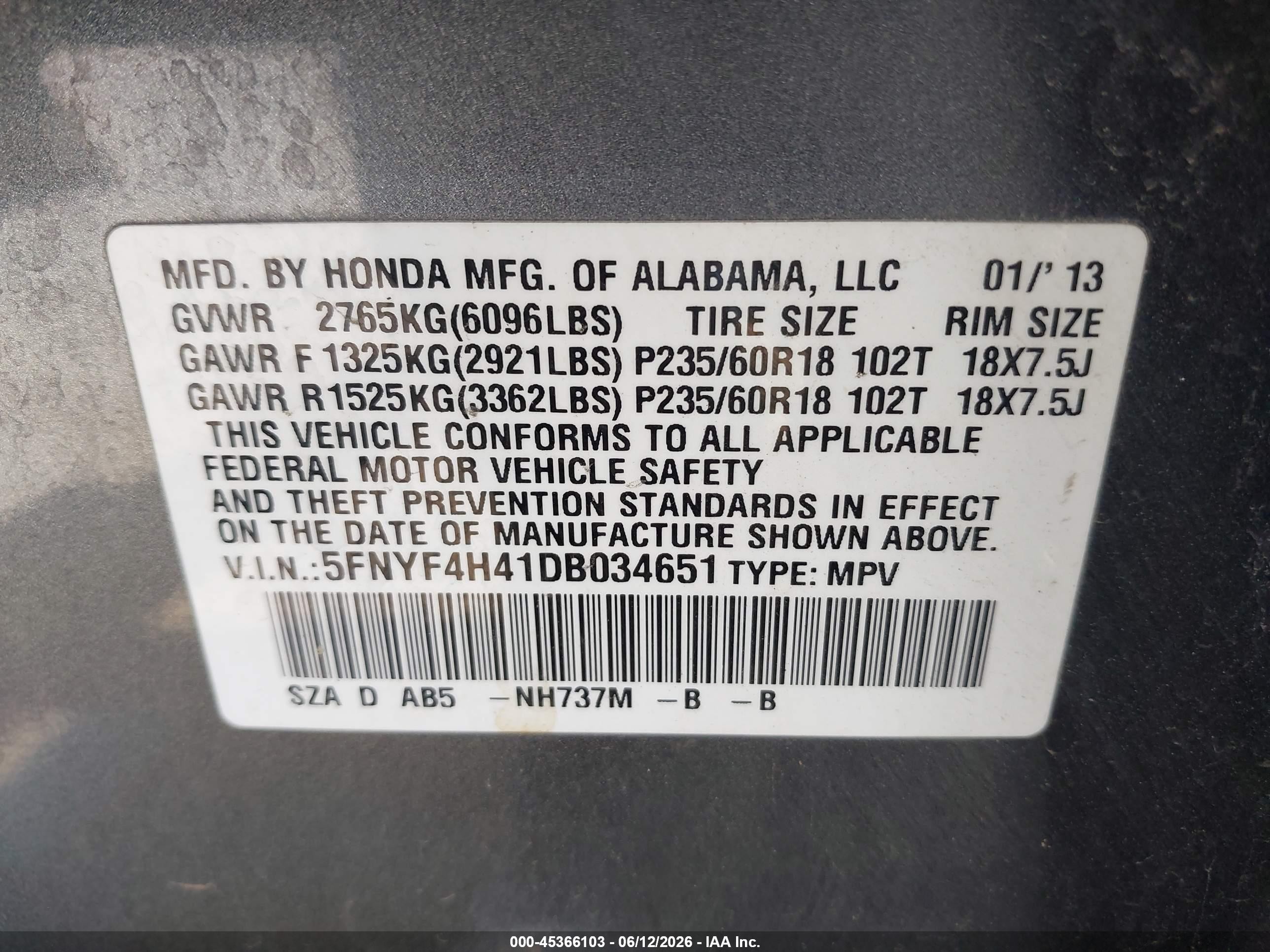 2013 Honda Pilot Ex Gray vin: 5FNYF4H41DB034651
