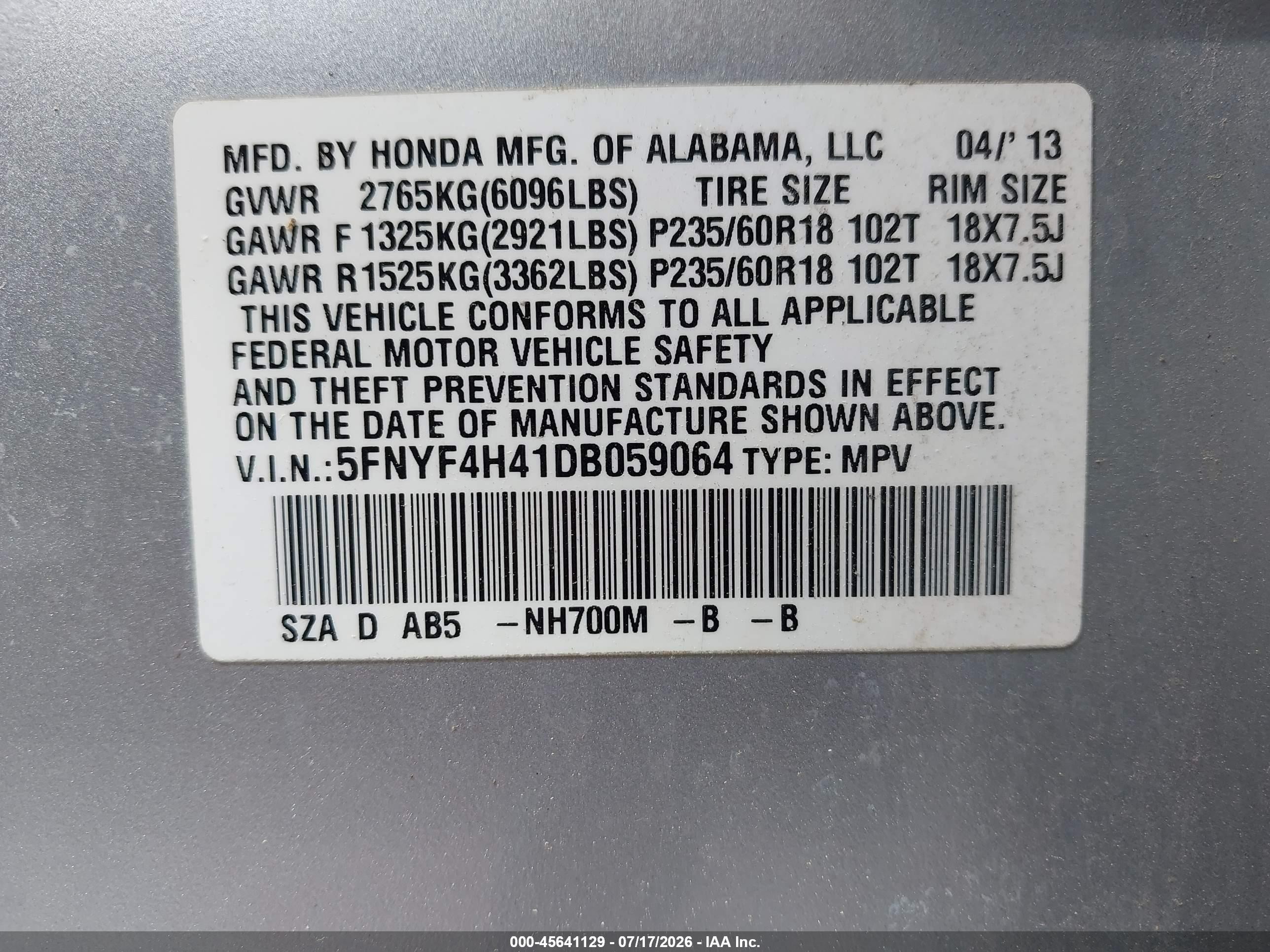 2013 Honda Pilot Ex Silver vin: 5FNYF4H41DB059064