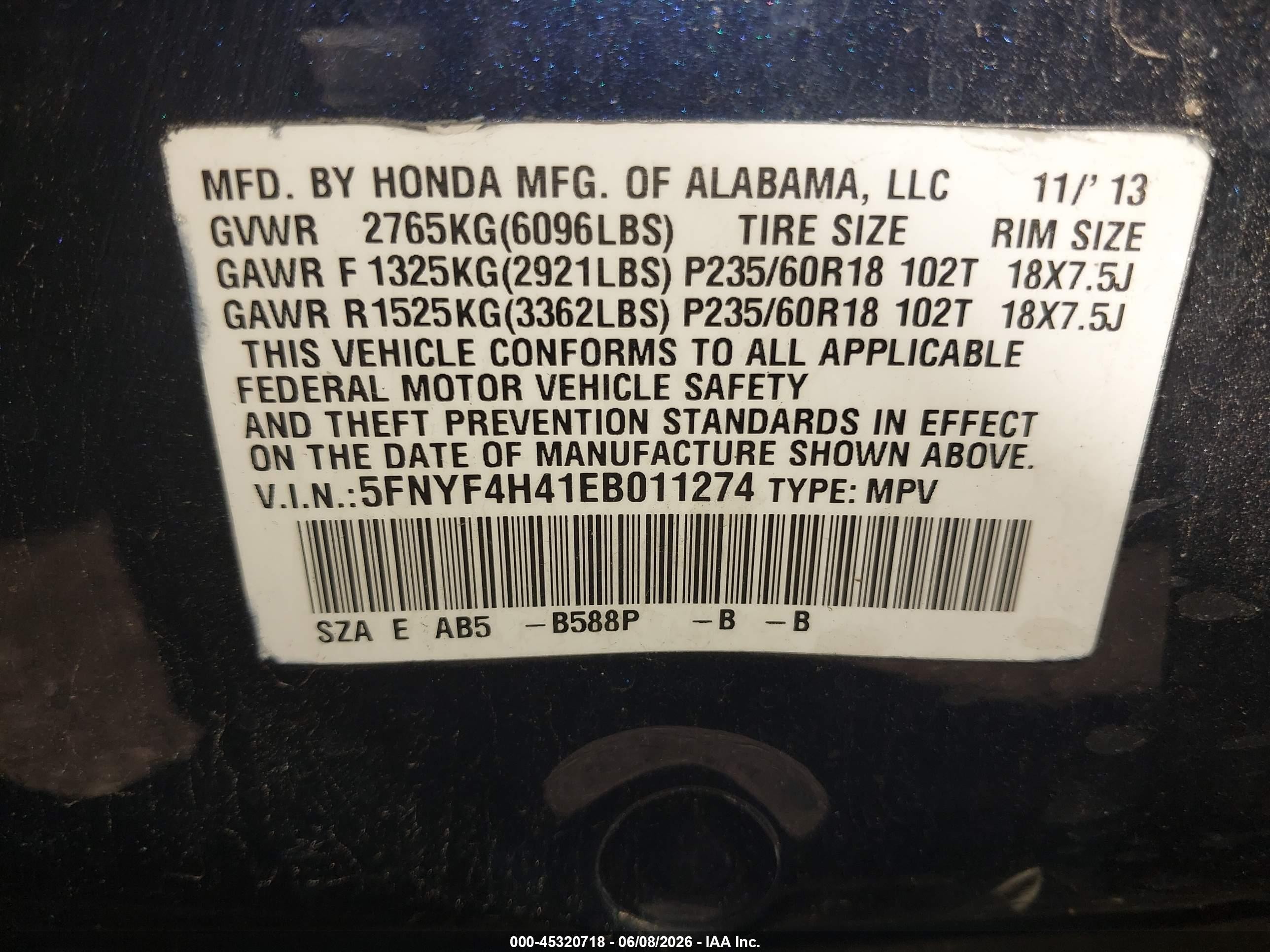 2014 Honda Pilot Ex Синий vin: 5FNYF4H41EB011274