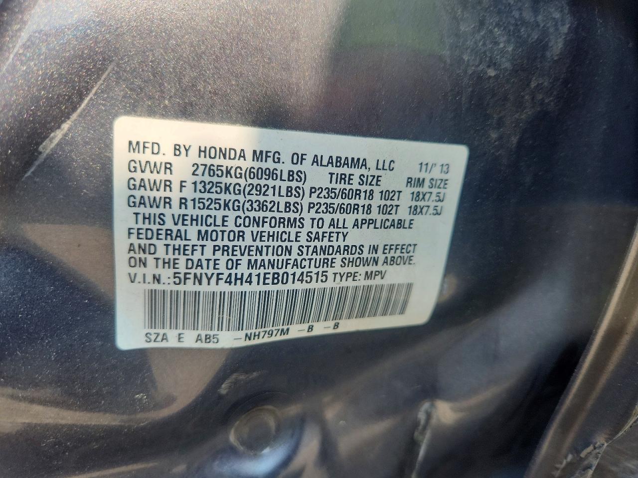2014 Honda Pilot Ex Серый vin: 5FNYF4H41EB014515
