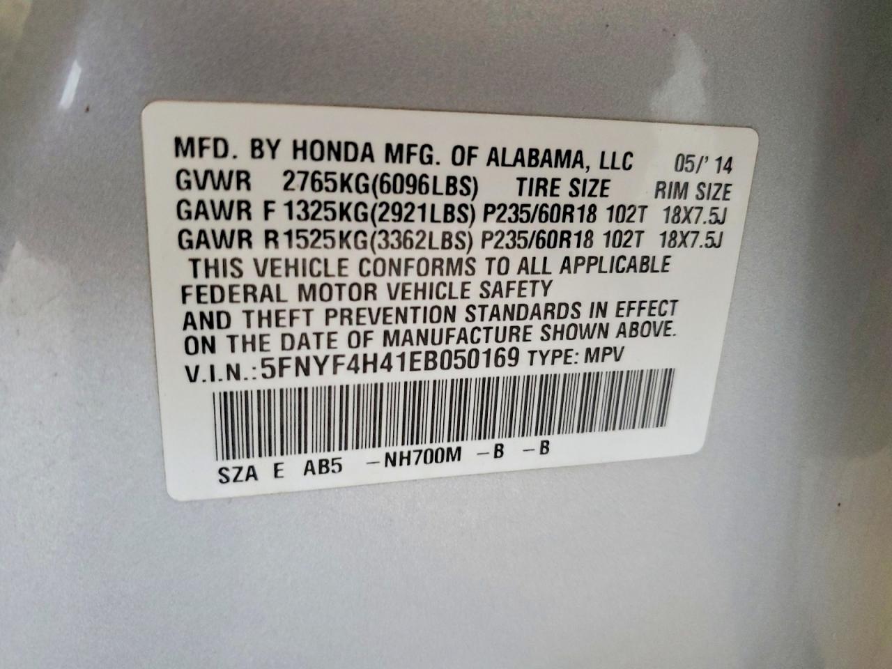 2014 Honda Pilot Ex Silver vin: 5FNYF4H41EB050169