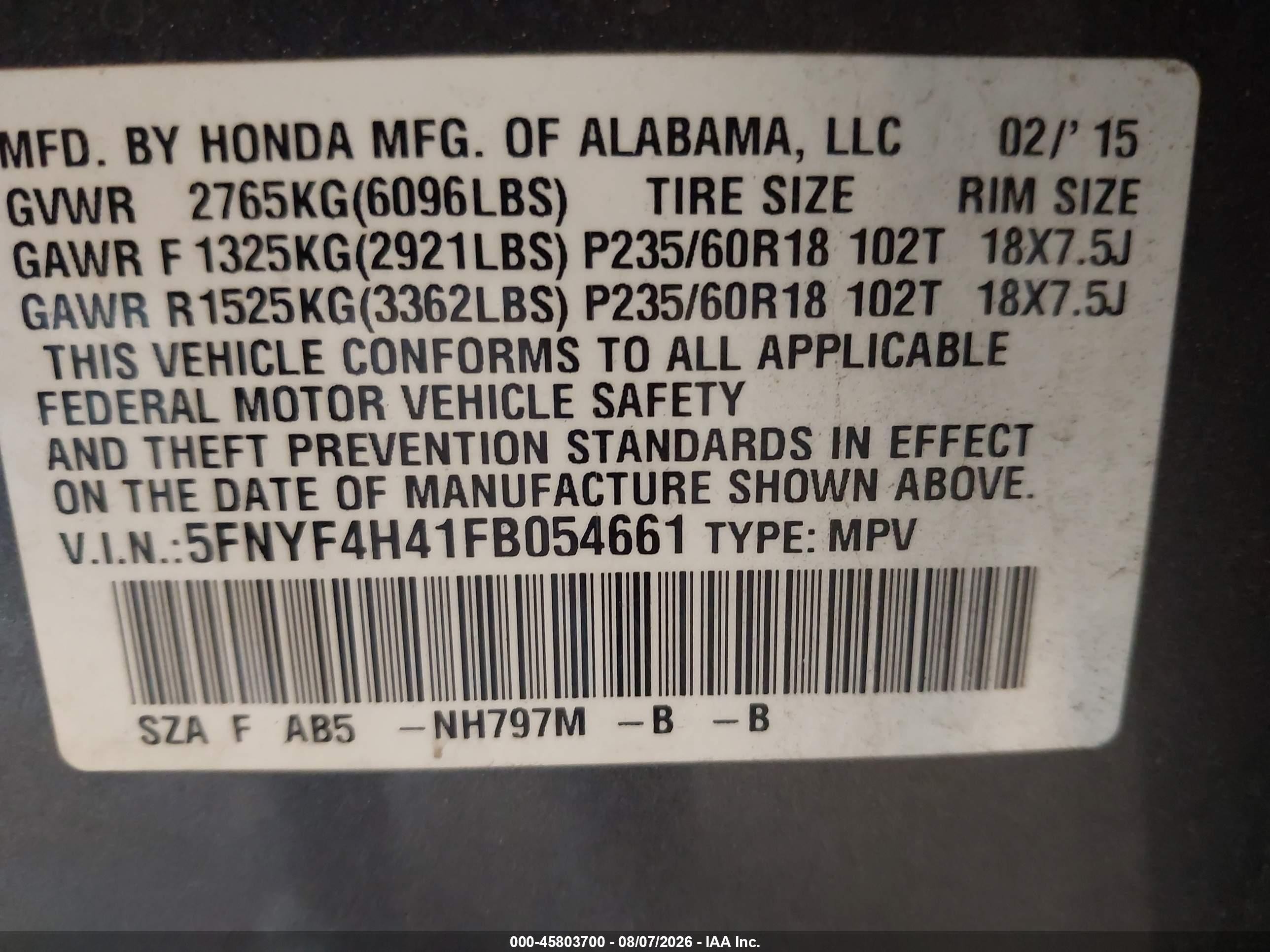 2015 Honda Pilot Ex Gray vin: 5FNYF4H41FB054661