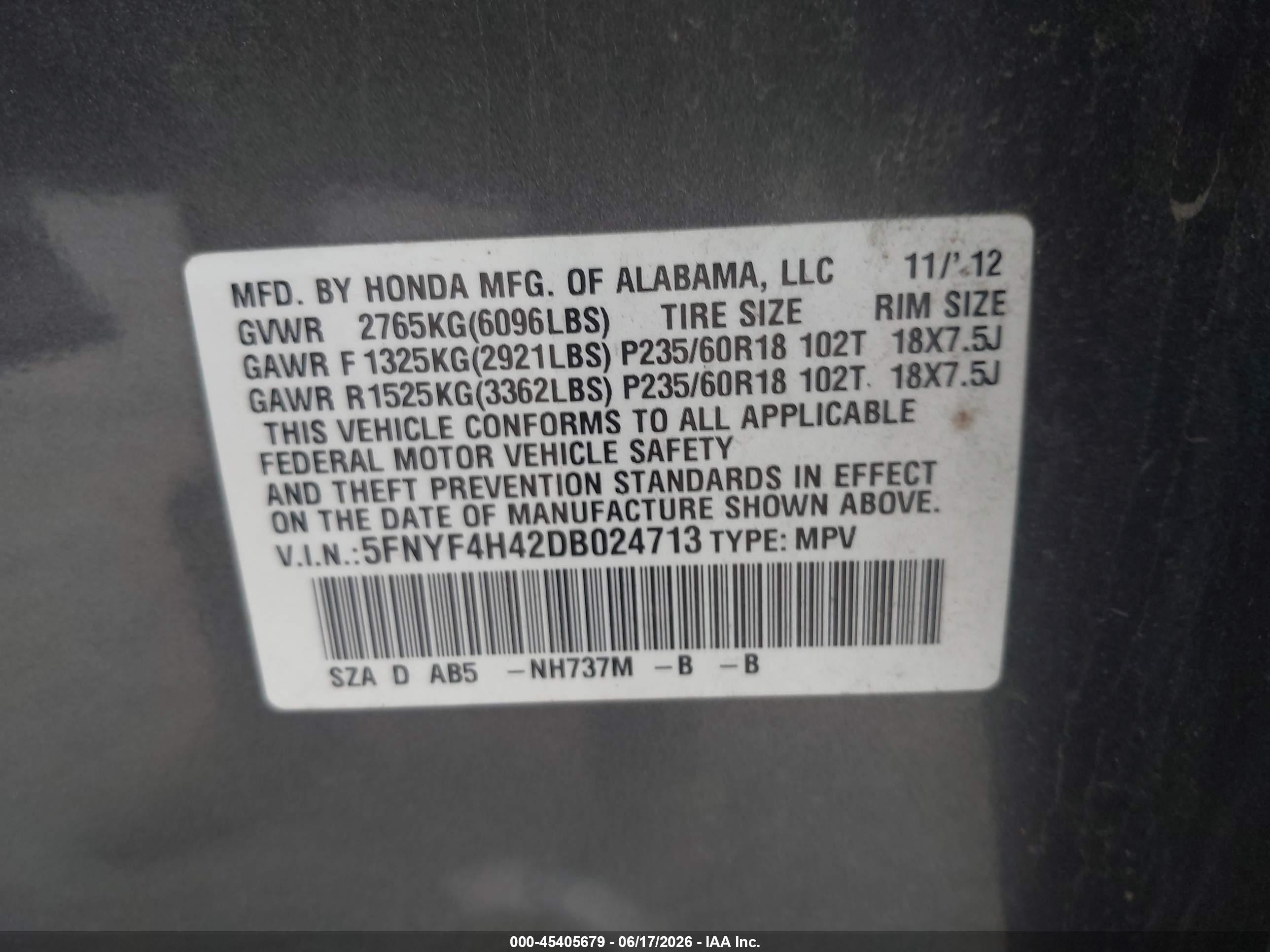2013 Honda Pilot Ex Gray vin: 5FNYF4H42DB024713