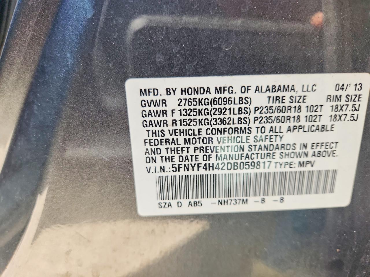 2013 Honda Pilot Ex Charcoal vin: 5FNYF4H42DB059817