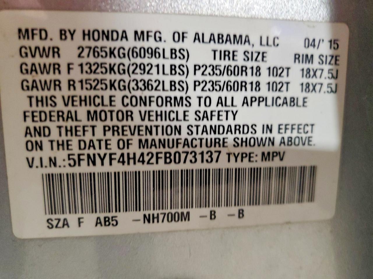 2015 Honda Pilot Ex Silver vin: 5FNYF4H42FB073137